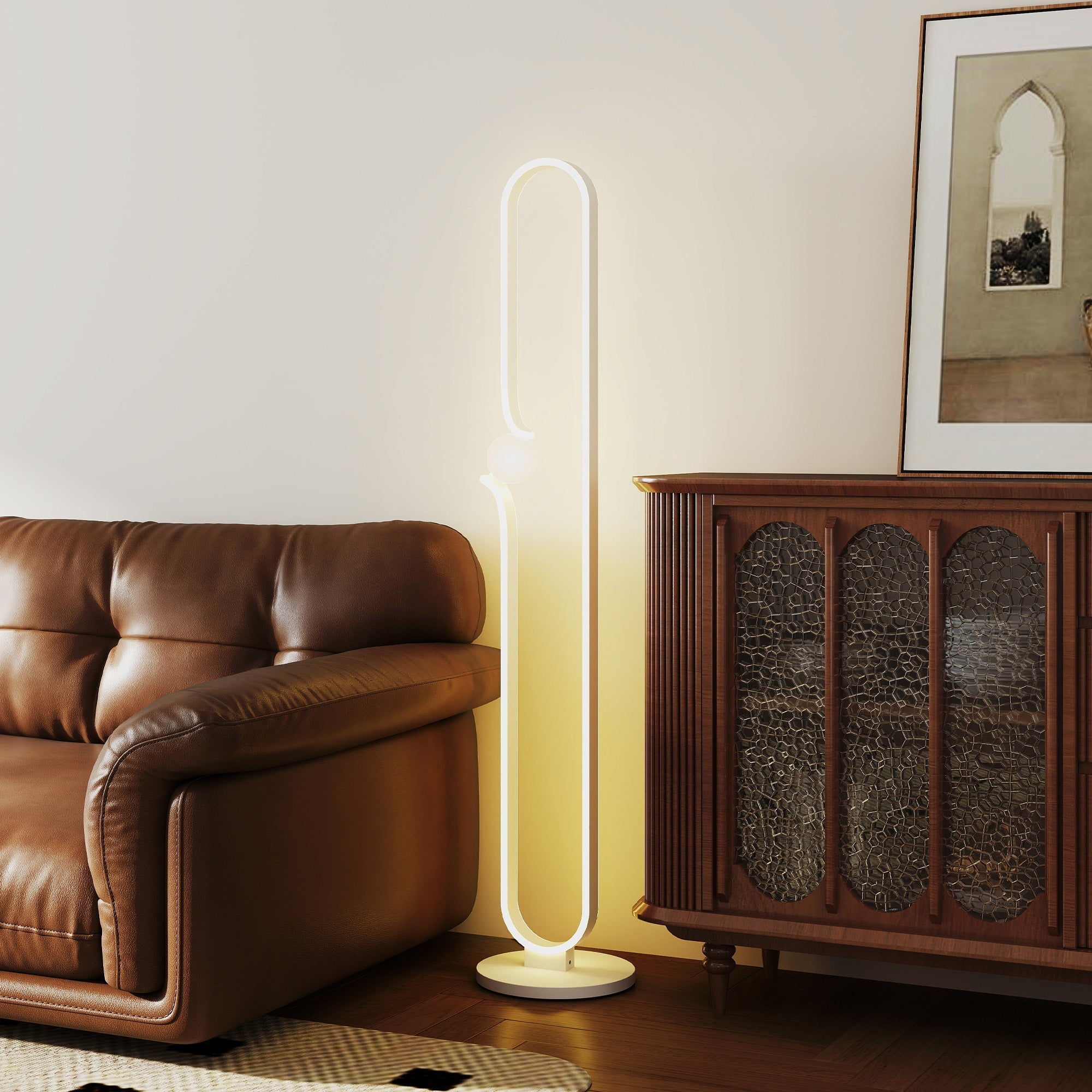 Modern minimalist homcom led floor lamp with curved design, warm white led strip, foot switch, and glass night light