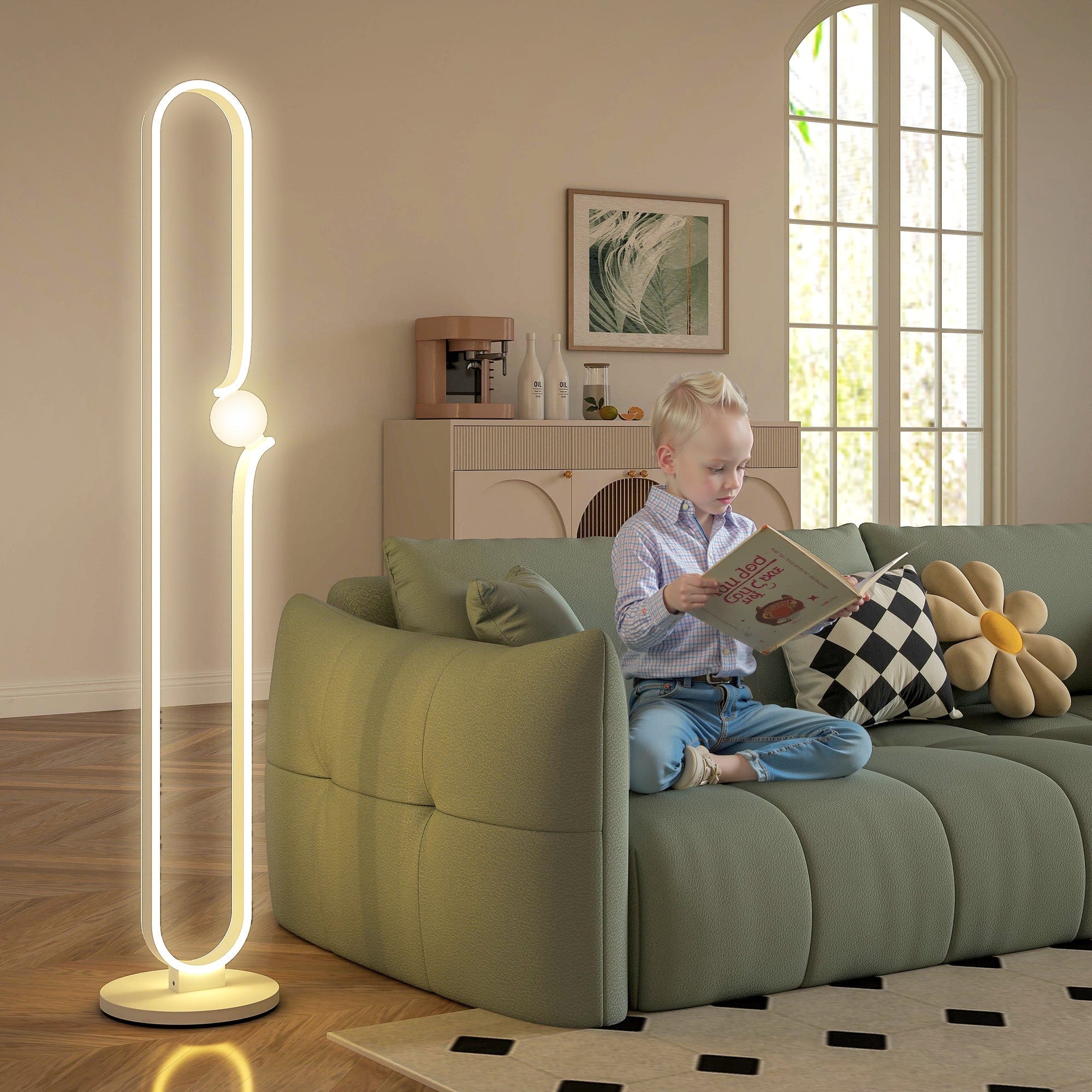 Homcom led floor lamp with sleek curved design warm white led strip dimmable foot switch night light white finish
