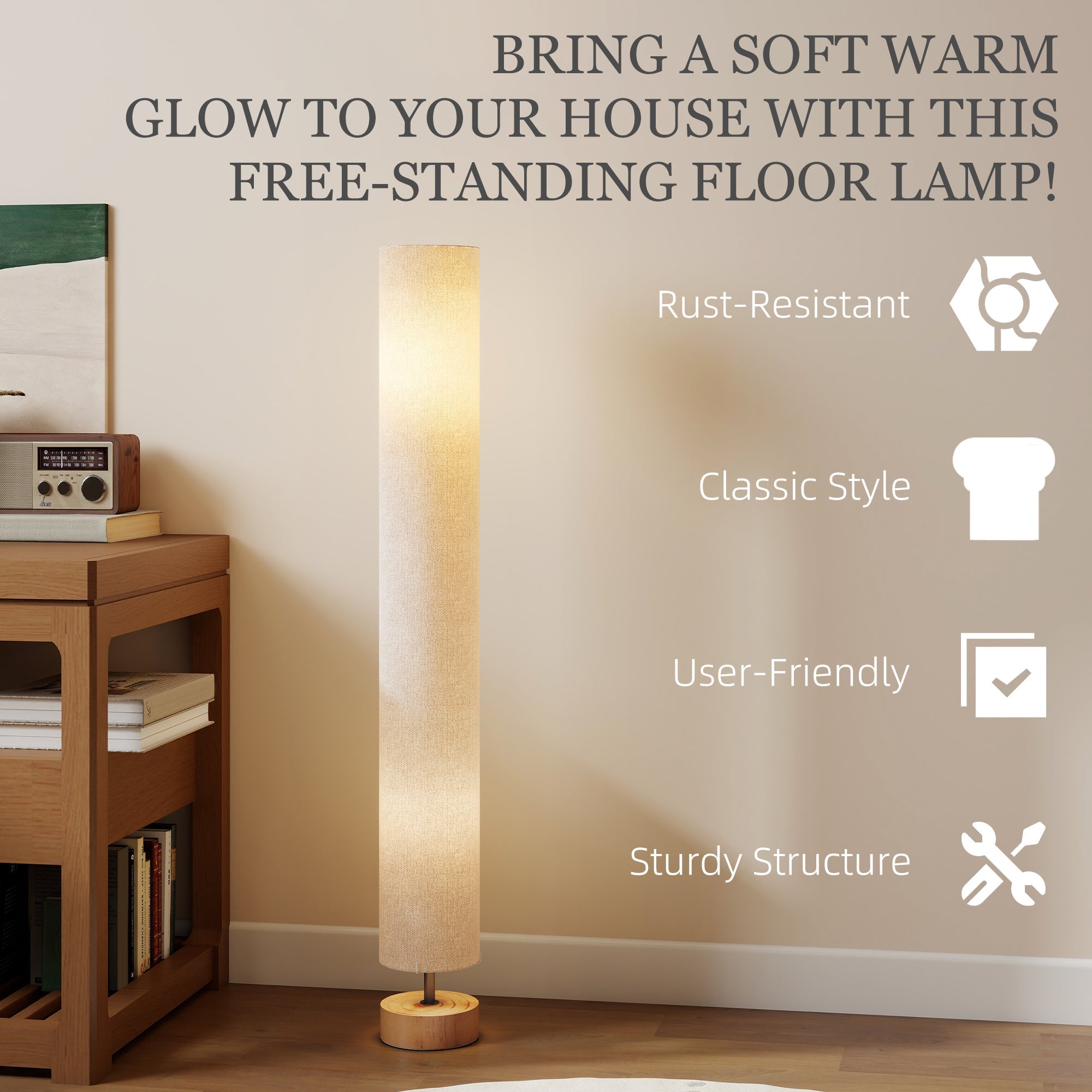 Homcom led floor lamp with warm beige linen shade and wooden base offers 3000k 4500k 6500k color temps