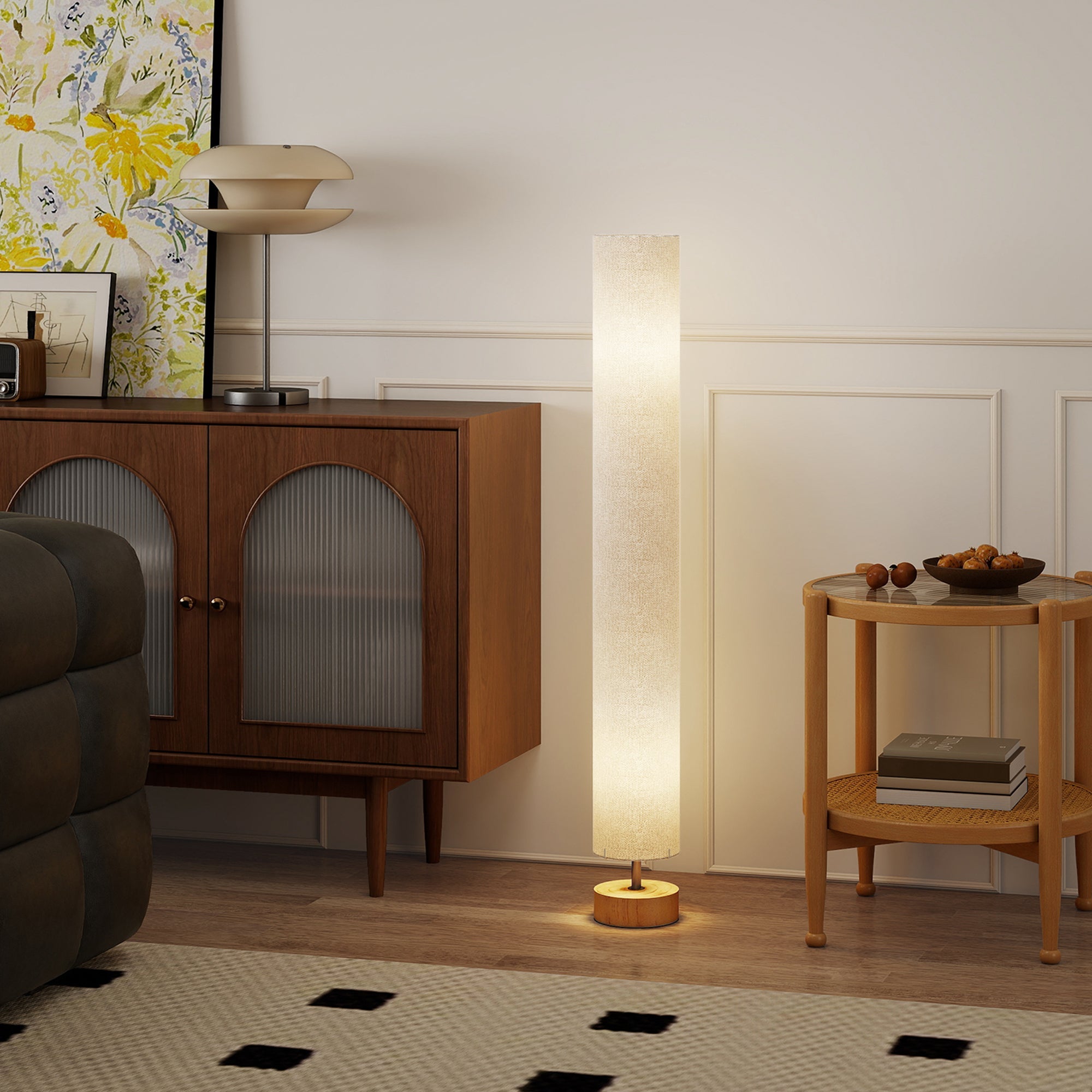 Homcom led floor lamp with grey linen shade wooden base and adjustable 3000k 4500k 6500k color temperatures
