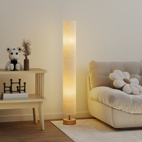 Tall led floor lamp with warm beige linen shade and wooden base offering 3000k 4500k 6500k color temps