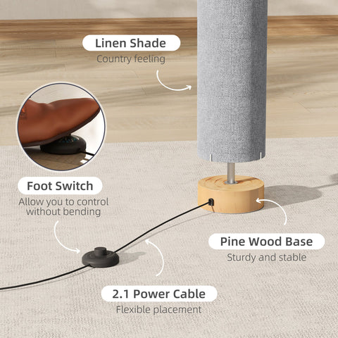 Gray linen-shaded led floor lamp foot pedal with pine wood base and black power cable for 3000k 4500k 6500k lighting