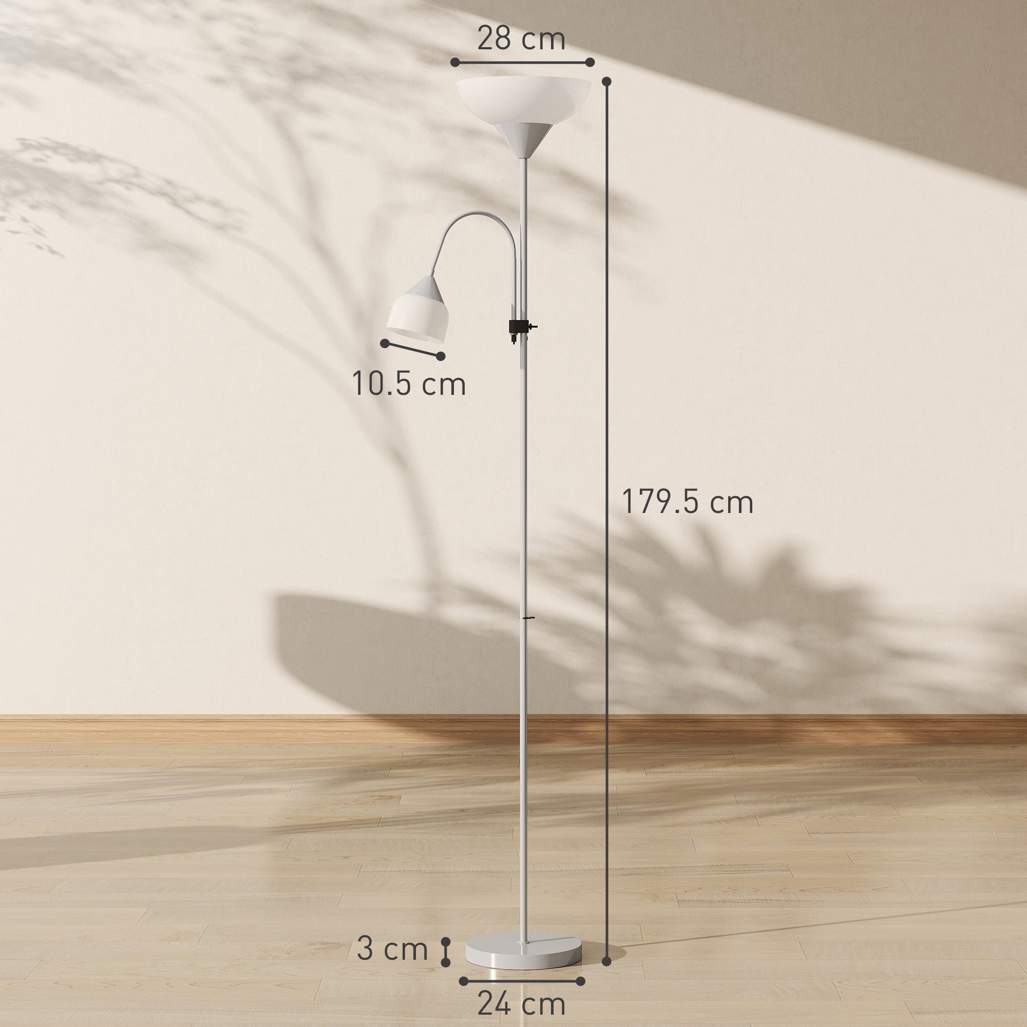 A sleek silver metal floor lamp with two white ceramic shades and adjustable gooseneck for 3000k 4500k 6500k lighting
