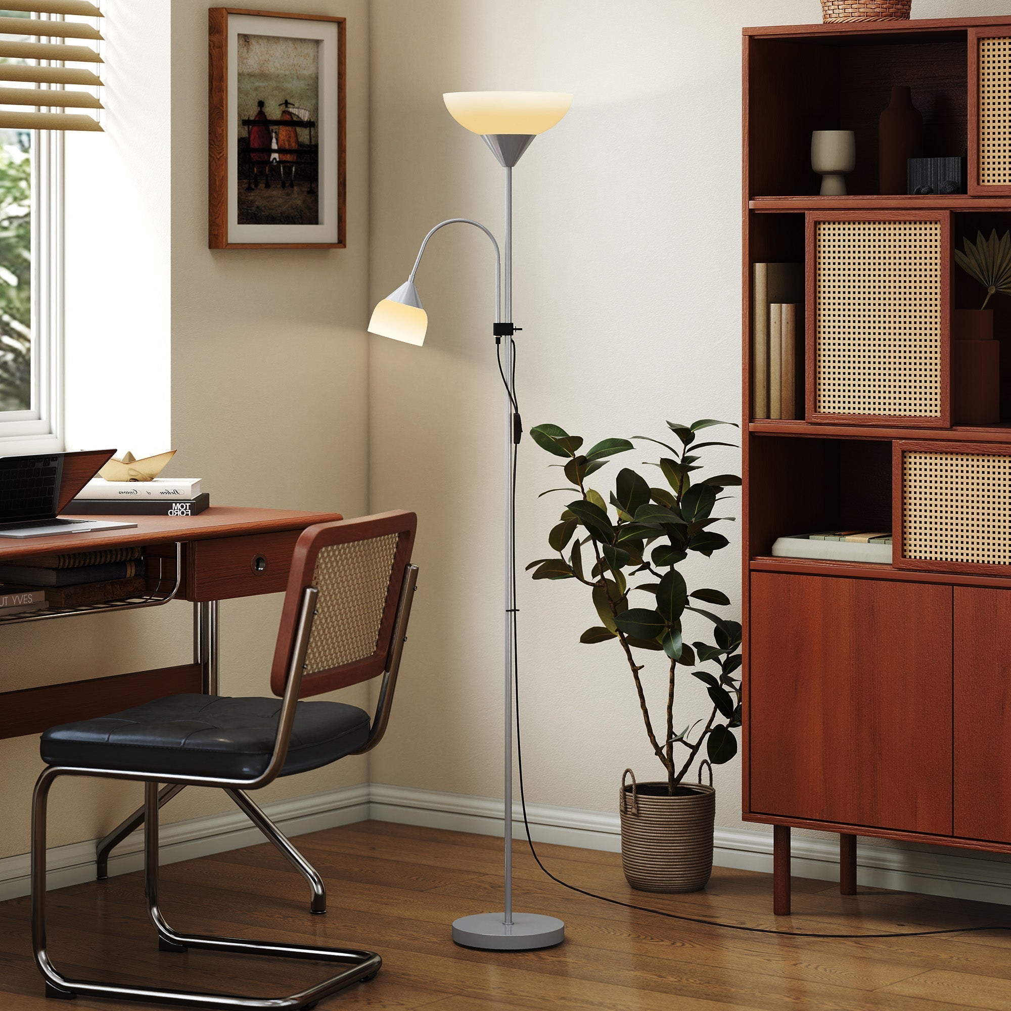 Modern silver metal floor lamp with dual frosted glass heads and adjustable arm featuring 3000k 4500k 6500k lighting