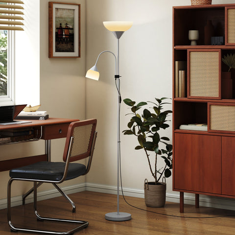 Modern silver metal floor lamp with dual frosted glass heads and adjustable arm featuring 3000k 4500k 6500k lighting