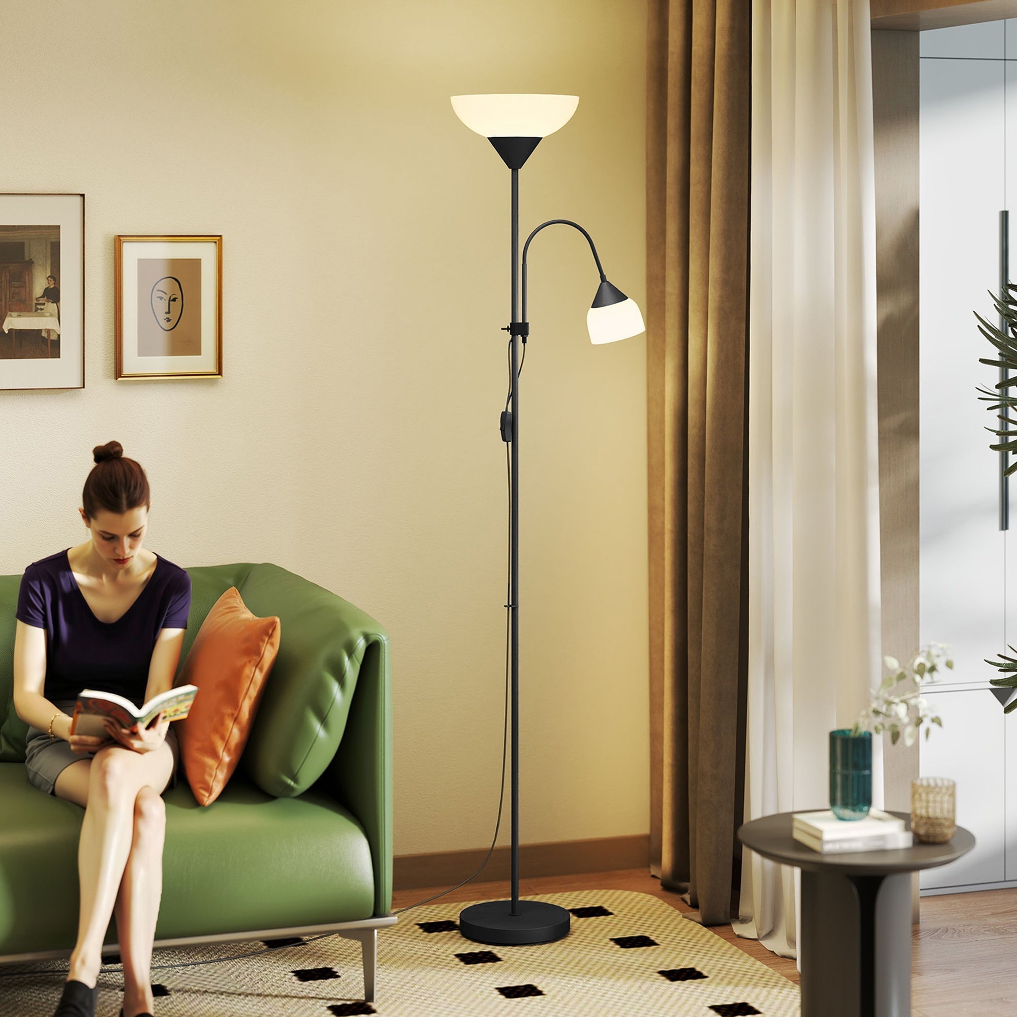 Black metal led floor lamp with two adjustable light heads and two separate switches for living room use