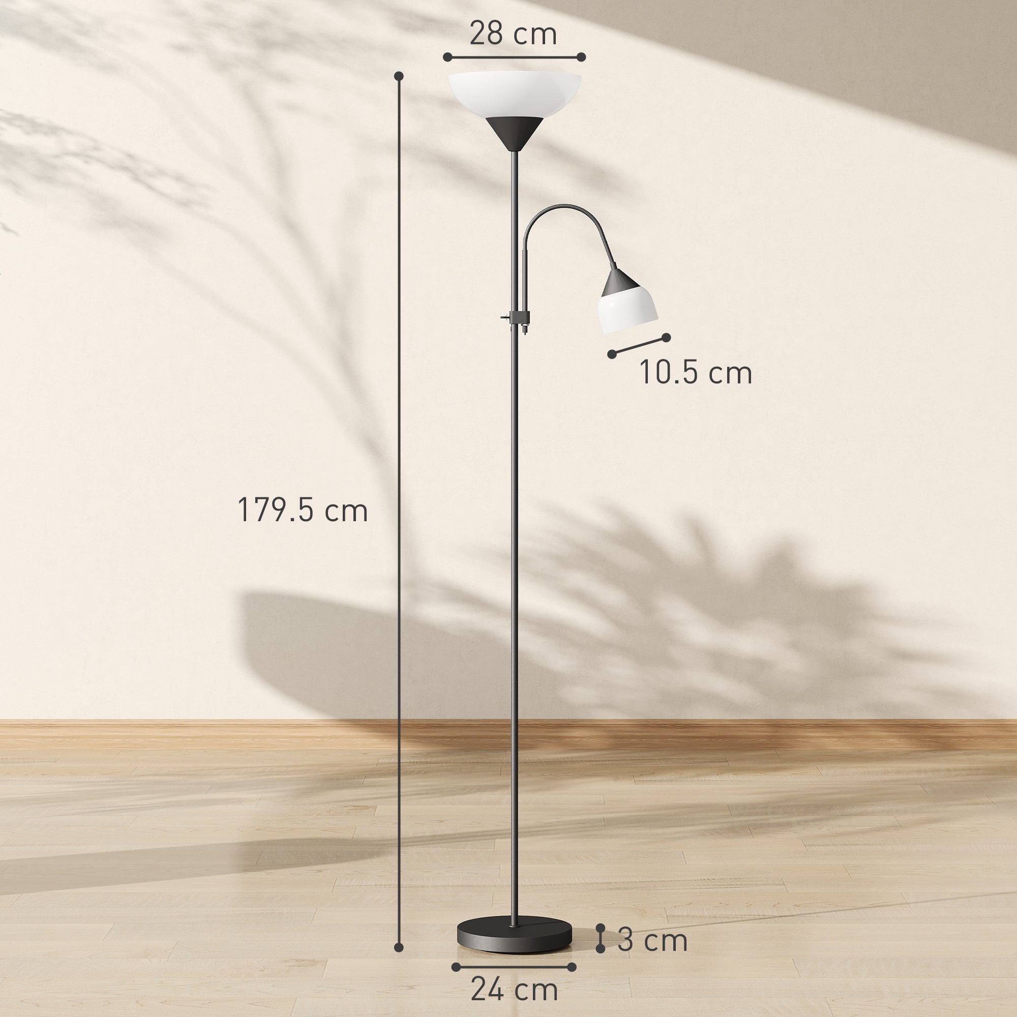 Black metal led floor lamp with white glass shade and adjustable gooseneck arm featuring two separate switches