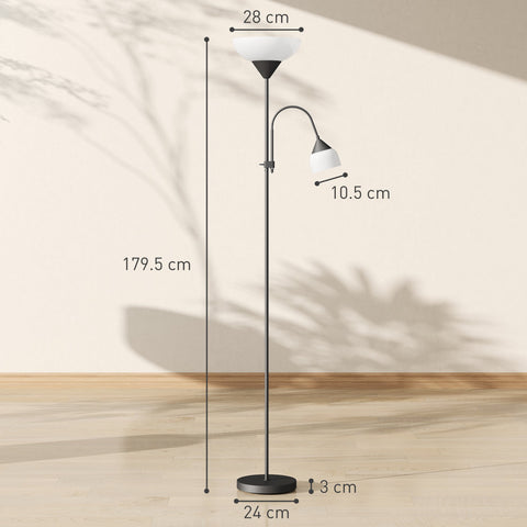 Black metal led floor lamp with white glass shade and adjustable gooseneck arm featuring two separate switches