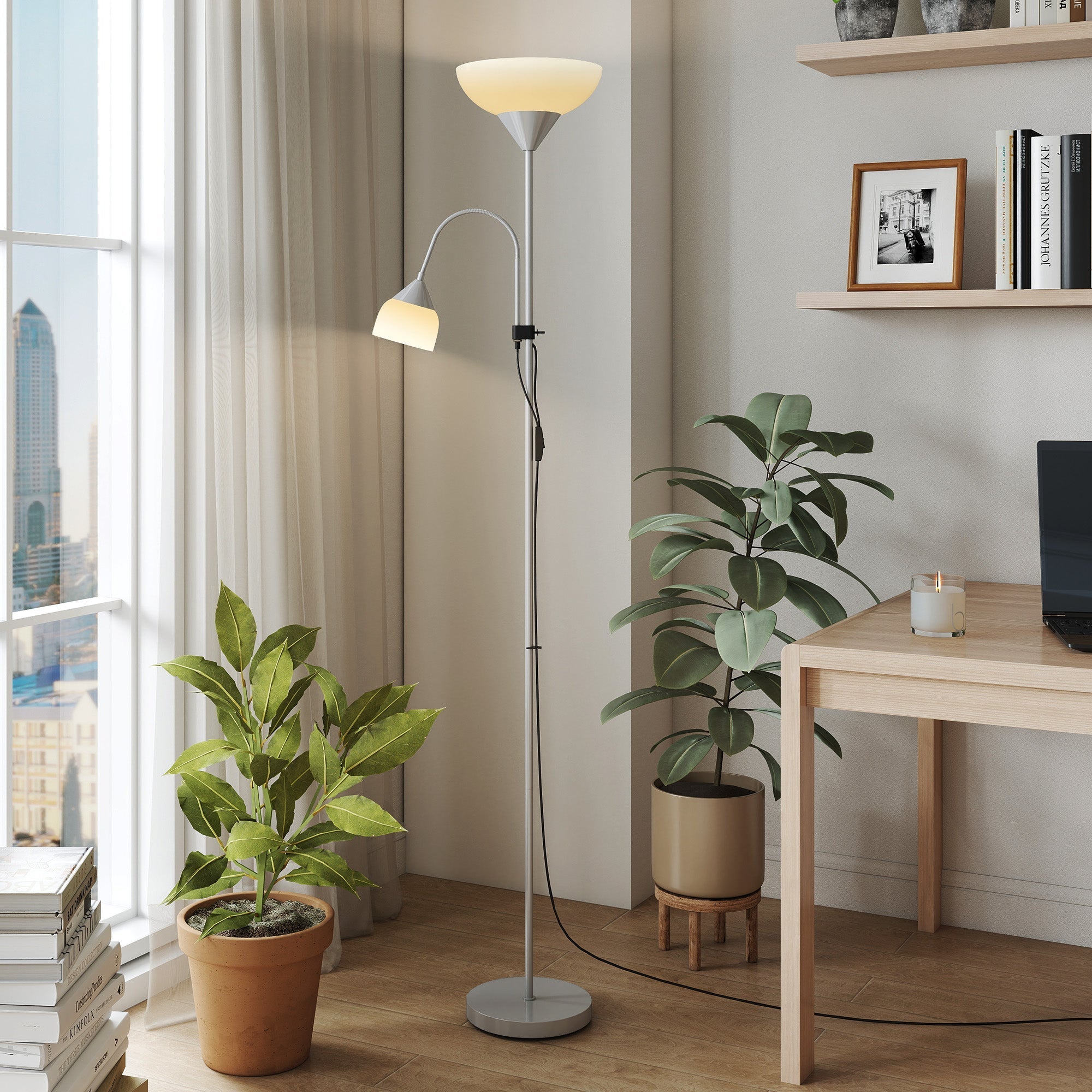 Modern silver tone homcom floor lamp with curved gooseneck and two shades showing 3000k 4500k 6500k colors