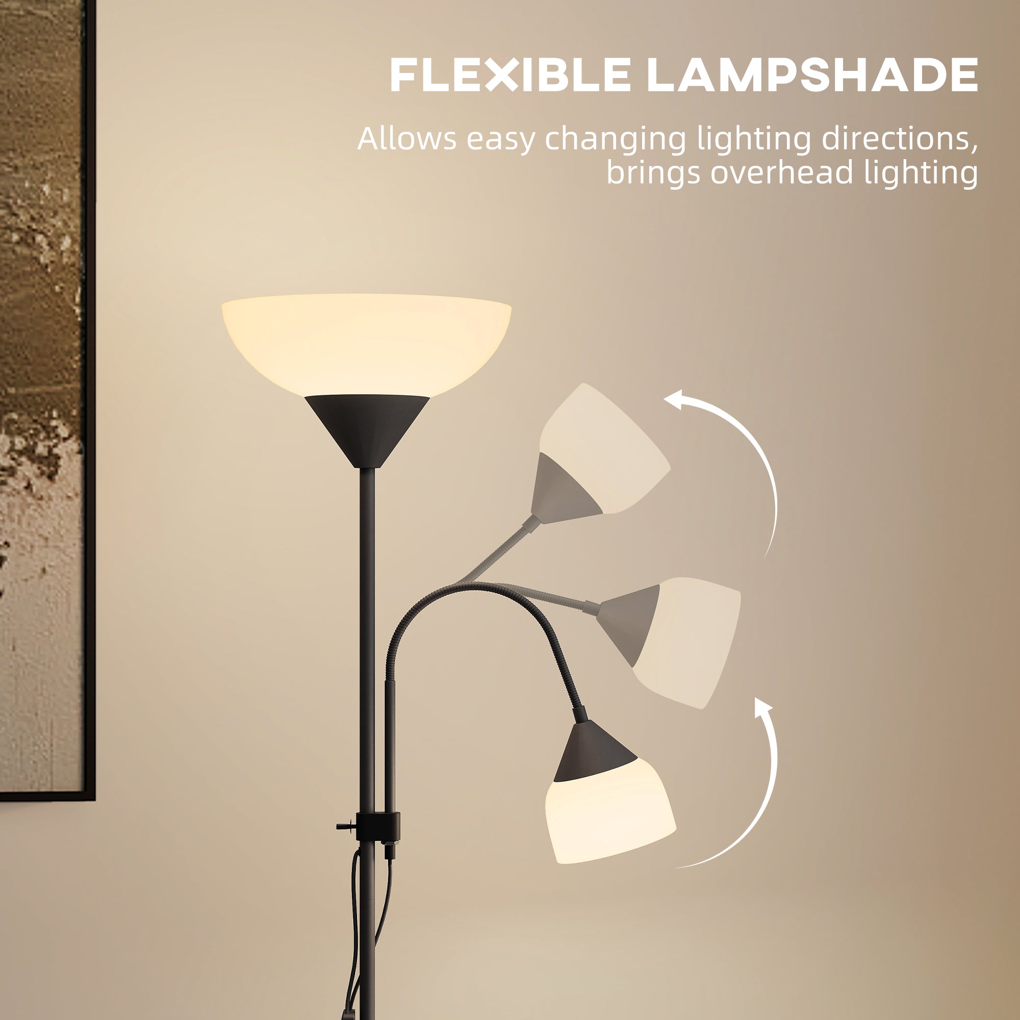 Black led floor lamp with flexible cream lampshade and two separate switches for adjustable lighting in living room