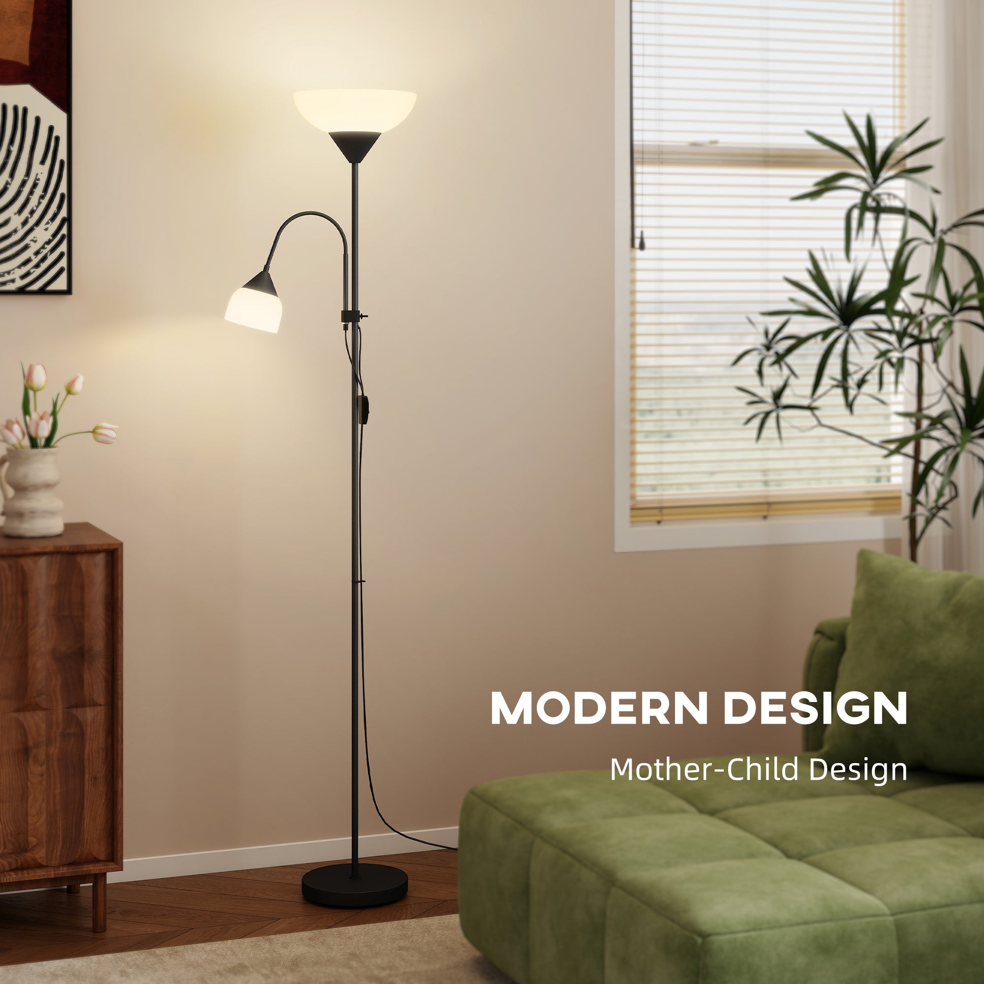 Black homcom led floor lamp with two adjustable light heads and two separate switches for living room use