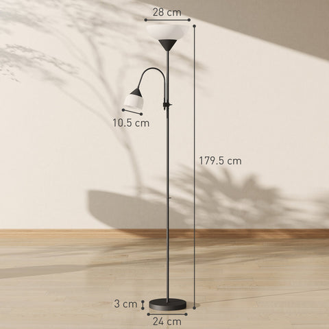 Black metal floor lamp with curved arm and two white glass shades with 3000k 4500k 6500k color temperatures