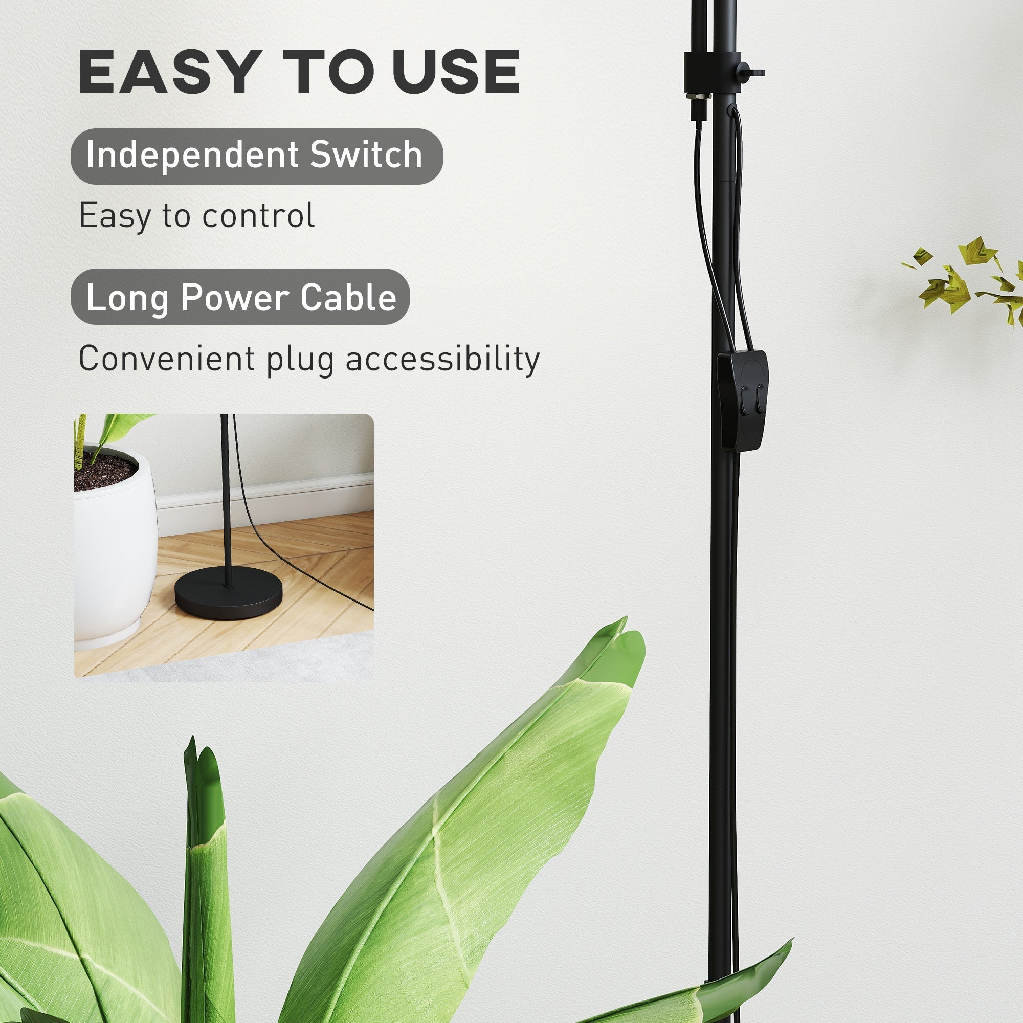Black homcom floor lamp with slender pole and independent switch features 3000k 4500k 6500k adjustable lighting