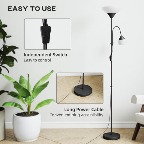 Black metal led floor lamp with two separate switches and adjustable arched arm for living room lighting