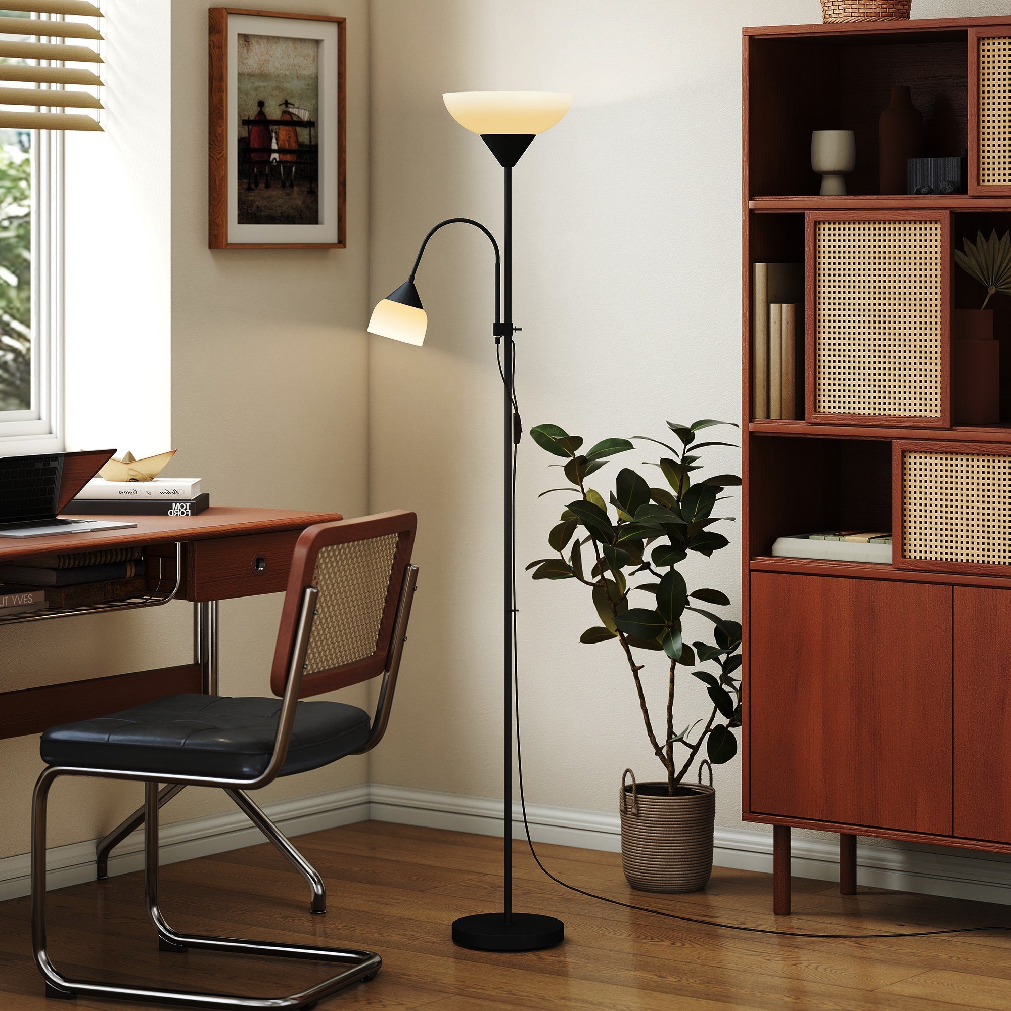 Black homcom floor lamp with curved arm dual light fixtures and adjustable 3000k 4500k 6500k color temperatures