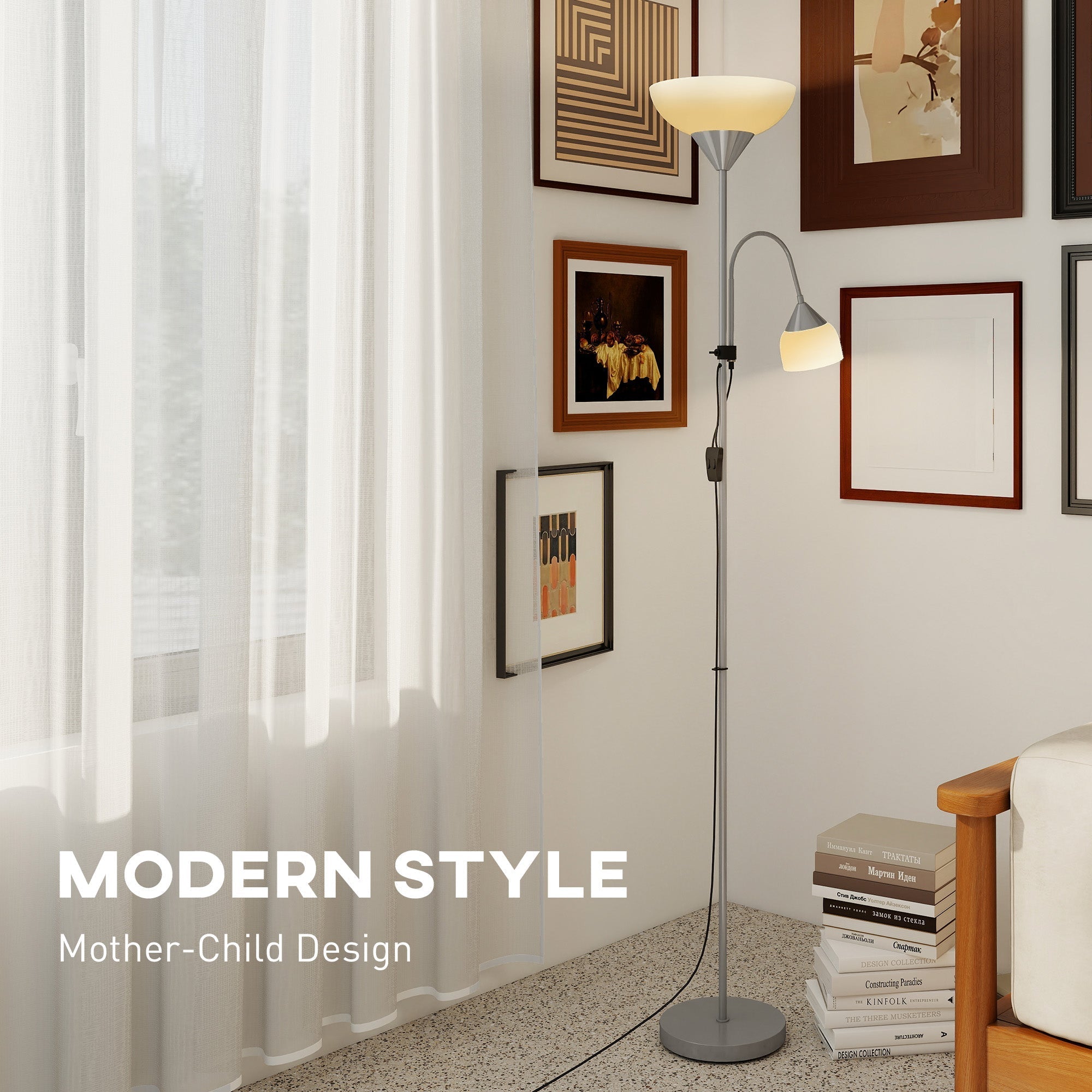 Modern silver floor lamp with adjustable arms and frosted glass shades offering 3000k 4500k 6500k lighting options