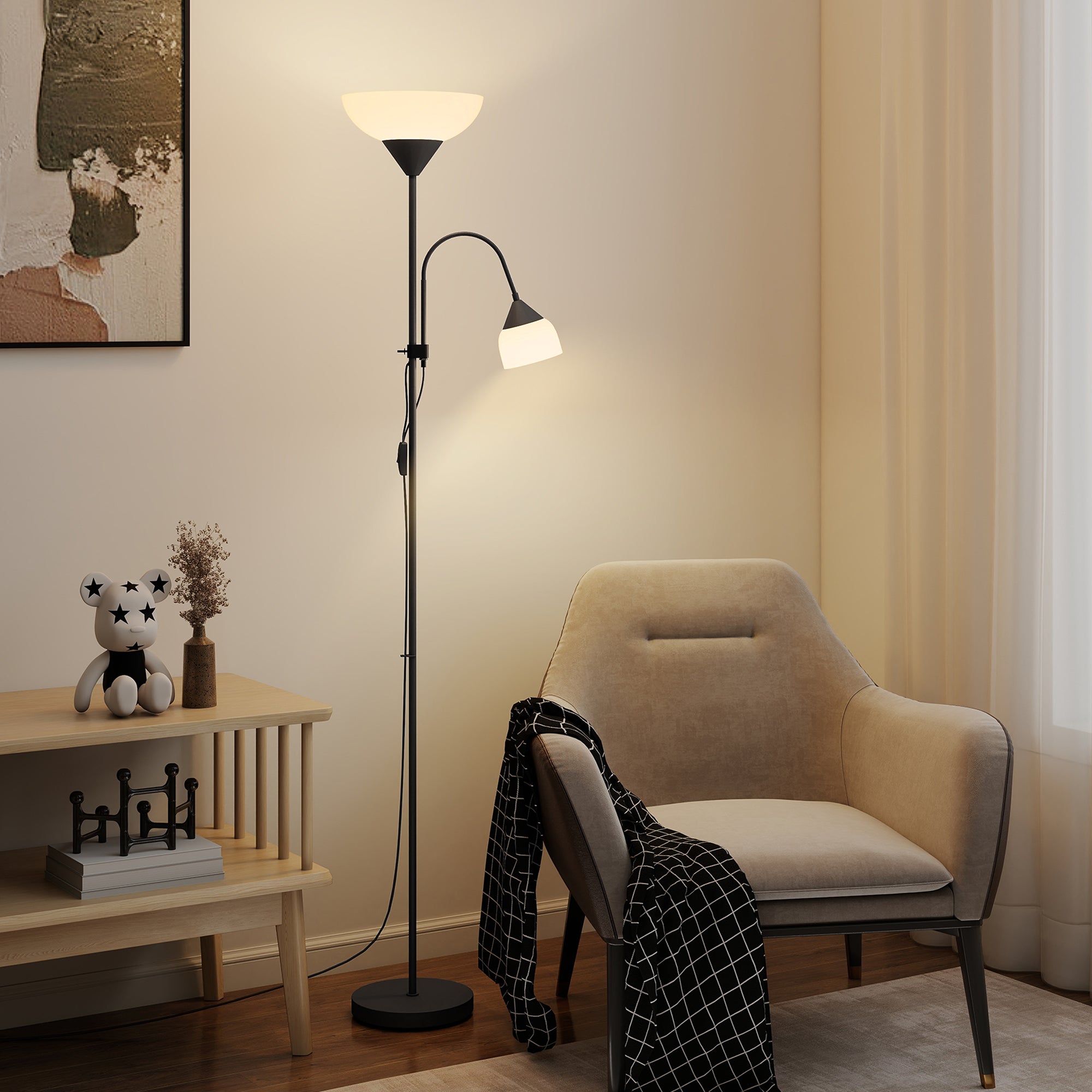 Black metal floor lamp with curved arm, two white glass shades, two separate switches, led floor lamp for living room