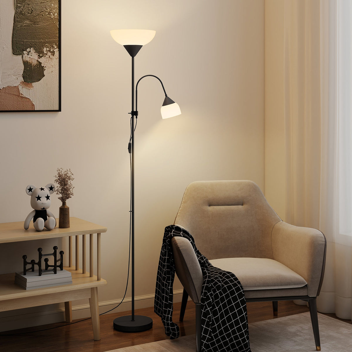 Black metal floor lamp with curved arm, two white glass shades, two separate switches, led floor lamp for living room