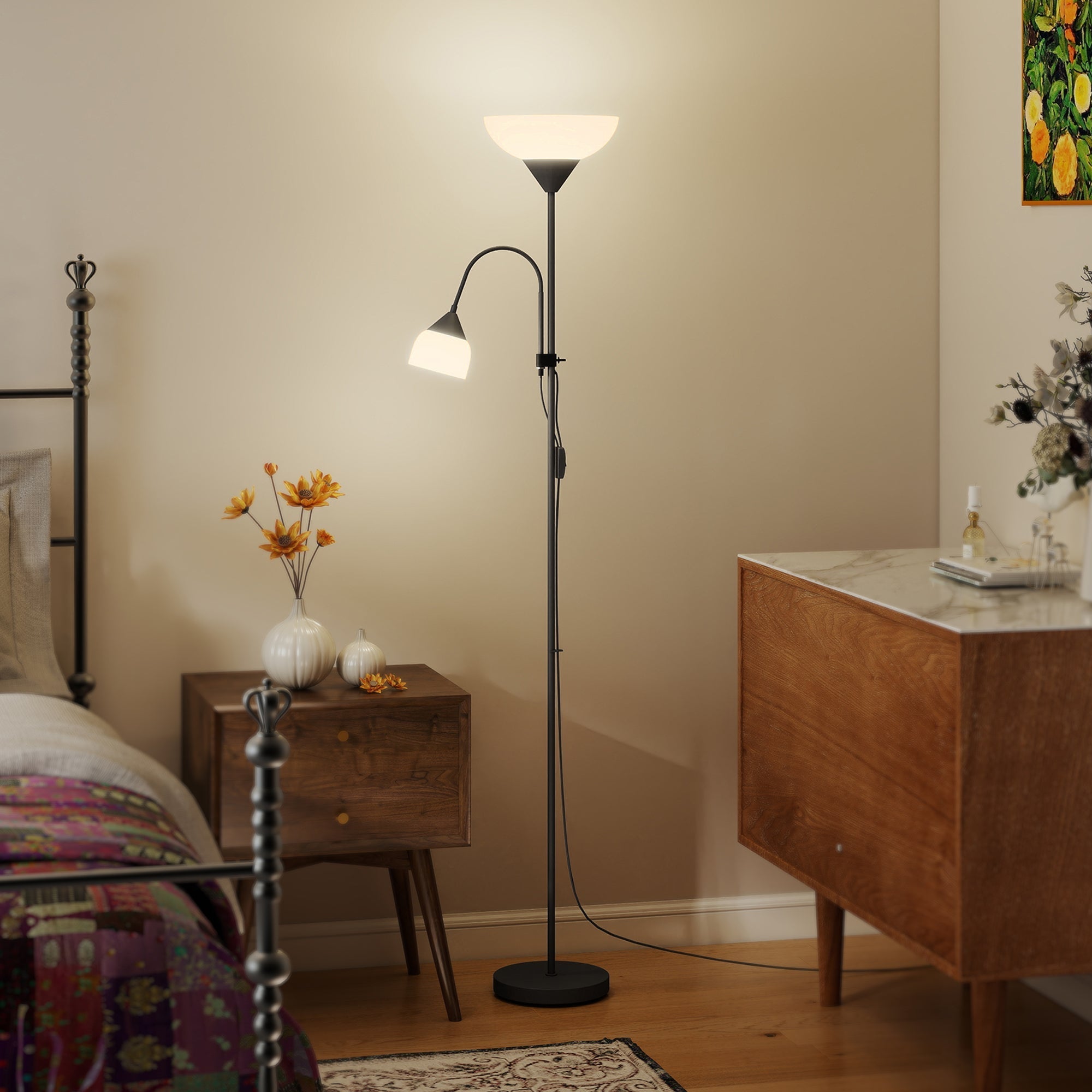 Black metal floor lamp with curved arm and two white glass shades features two separate switches and led floor lamp design