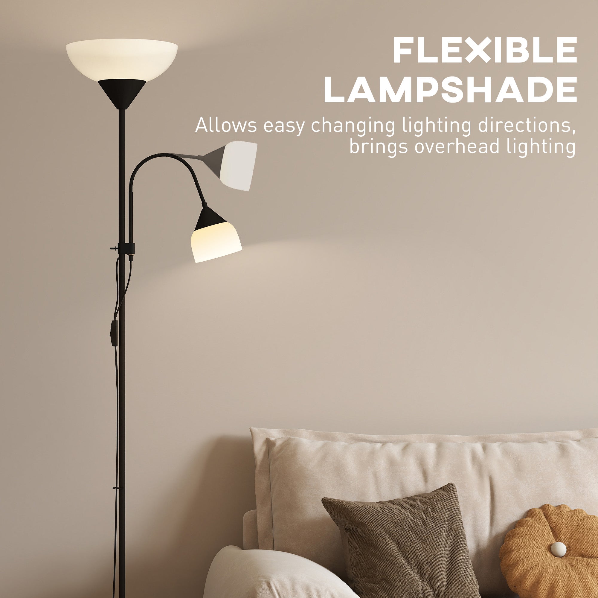 Black homcom floor lamp with flexible dual heads and white frosted glass shades featuring 3000k 4500k 6500k colors