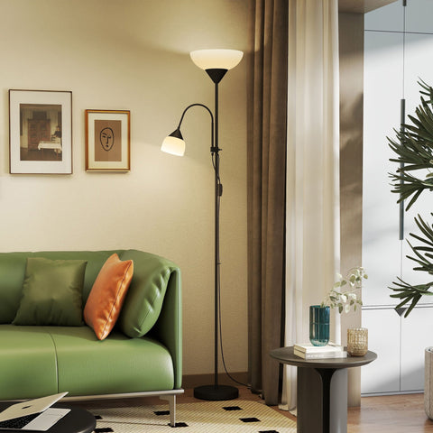 Black metal floor lamp with curved arm and two frosted glass shades 3000k 4500k adjustable color temperatures