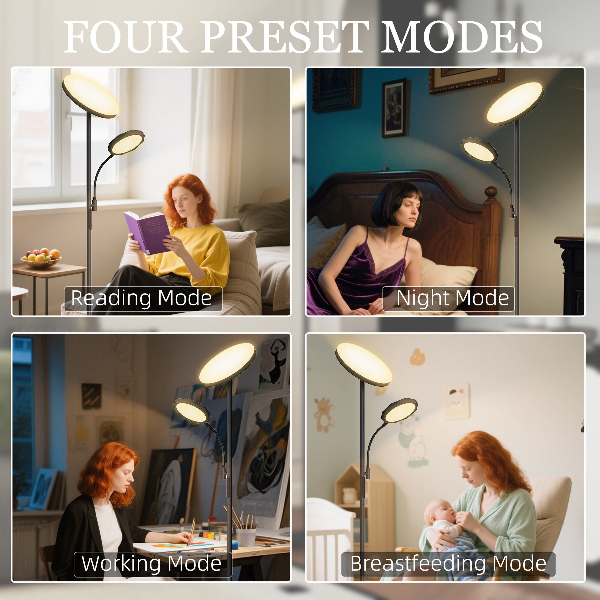 Adjustable homcom led floor lamp with multiple heads, stepless dimmable, scene modes, and customizable colour temperature