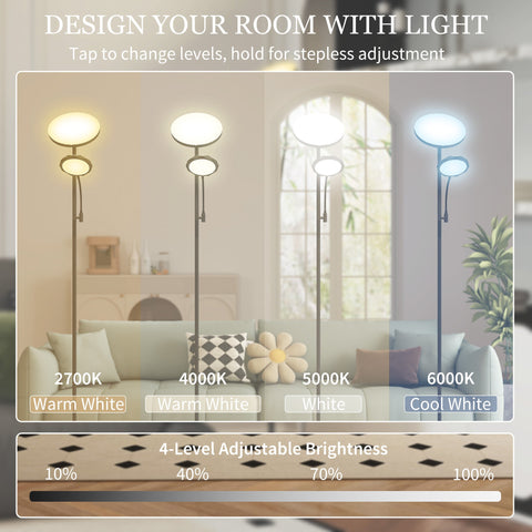 Adjustable homcom led floor lamp with two circular light heads metal stand and stepless dimmable colour temperature and scene modes
