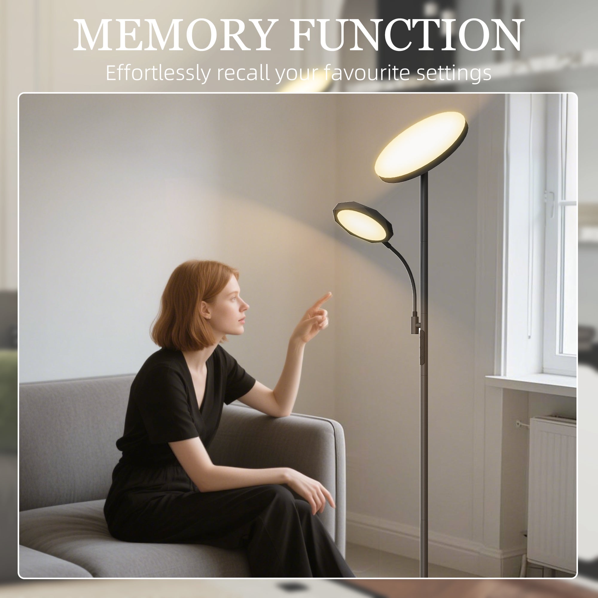 Modern black homcom led floor lamp with adjustable arm, two warm white light heads, dimmable scene modes, and colour temperature control