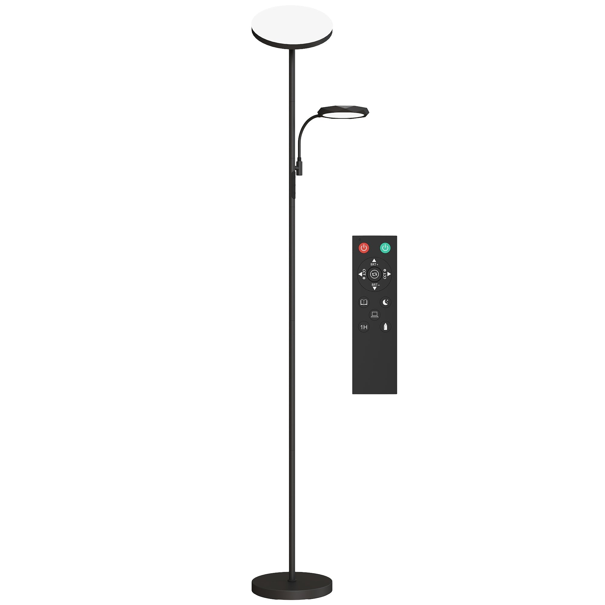 Black modern HOMCOM floor lamp with circular top light, adjustable reading lamp, remote, scene modes, and colour temperature control