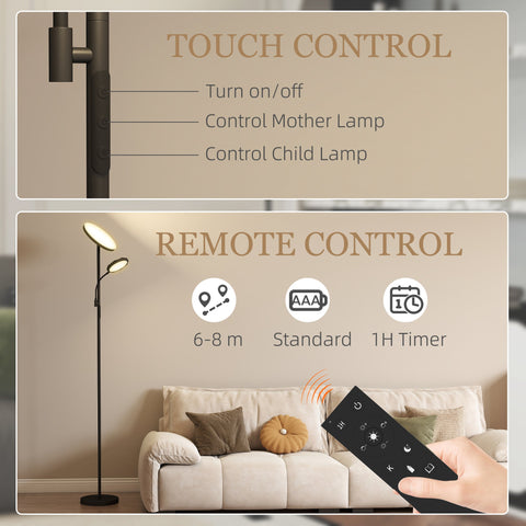 Black homcom two-headed floor lamp with touch remote control stepless dimmable colour temperature and scene modes