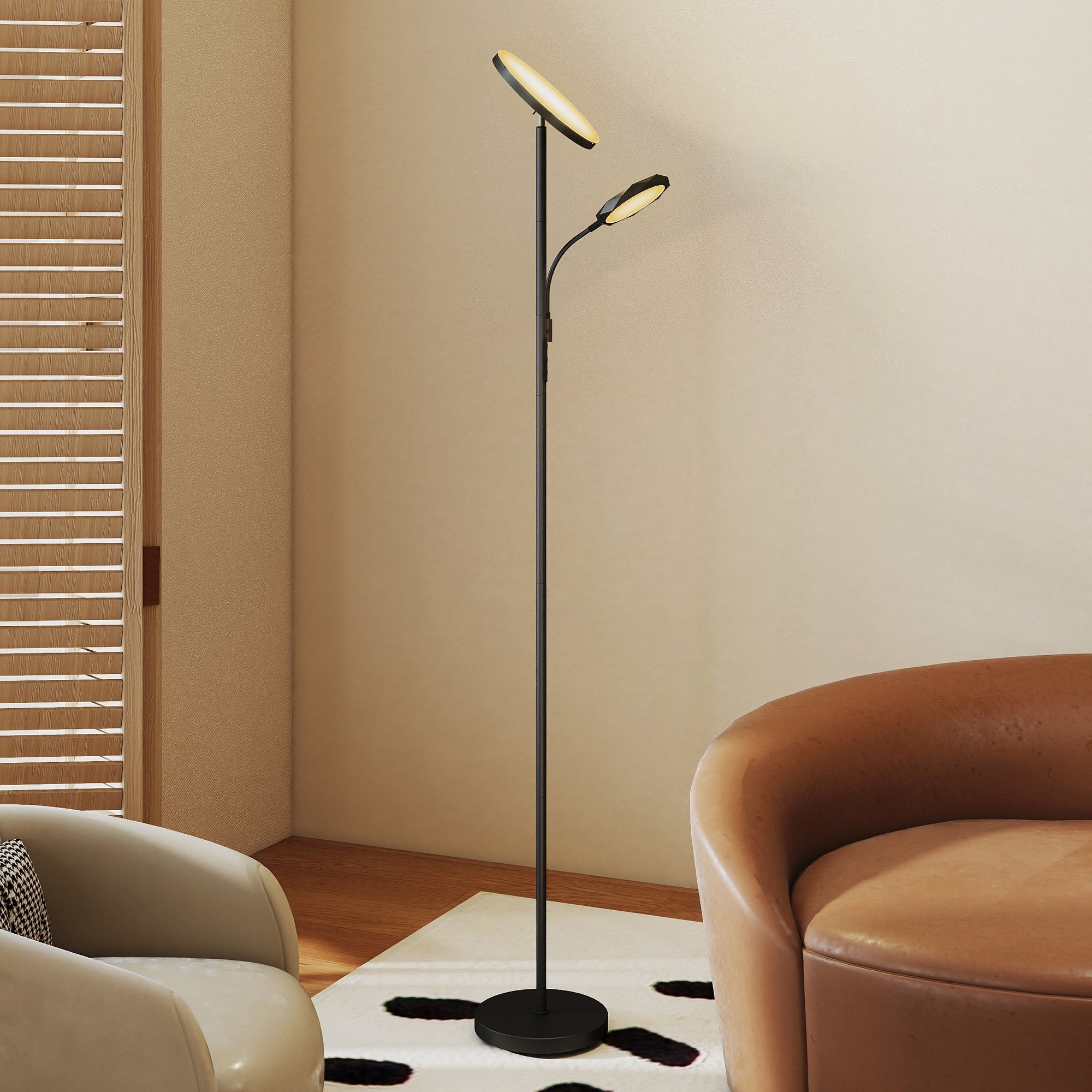 Modern black homcom floor lamp with two curved arms led lights stepless dimmable colour temperature and scene modes