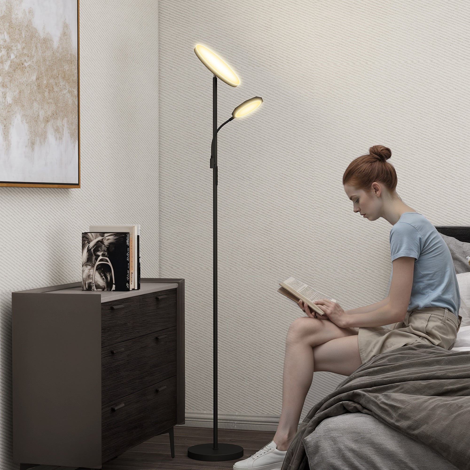 Modern black homcom floor lamp with two glowing heads featuring stepless dimmable brightness and adjustable colour temperature scene modes