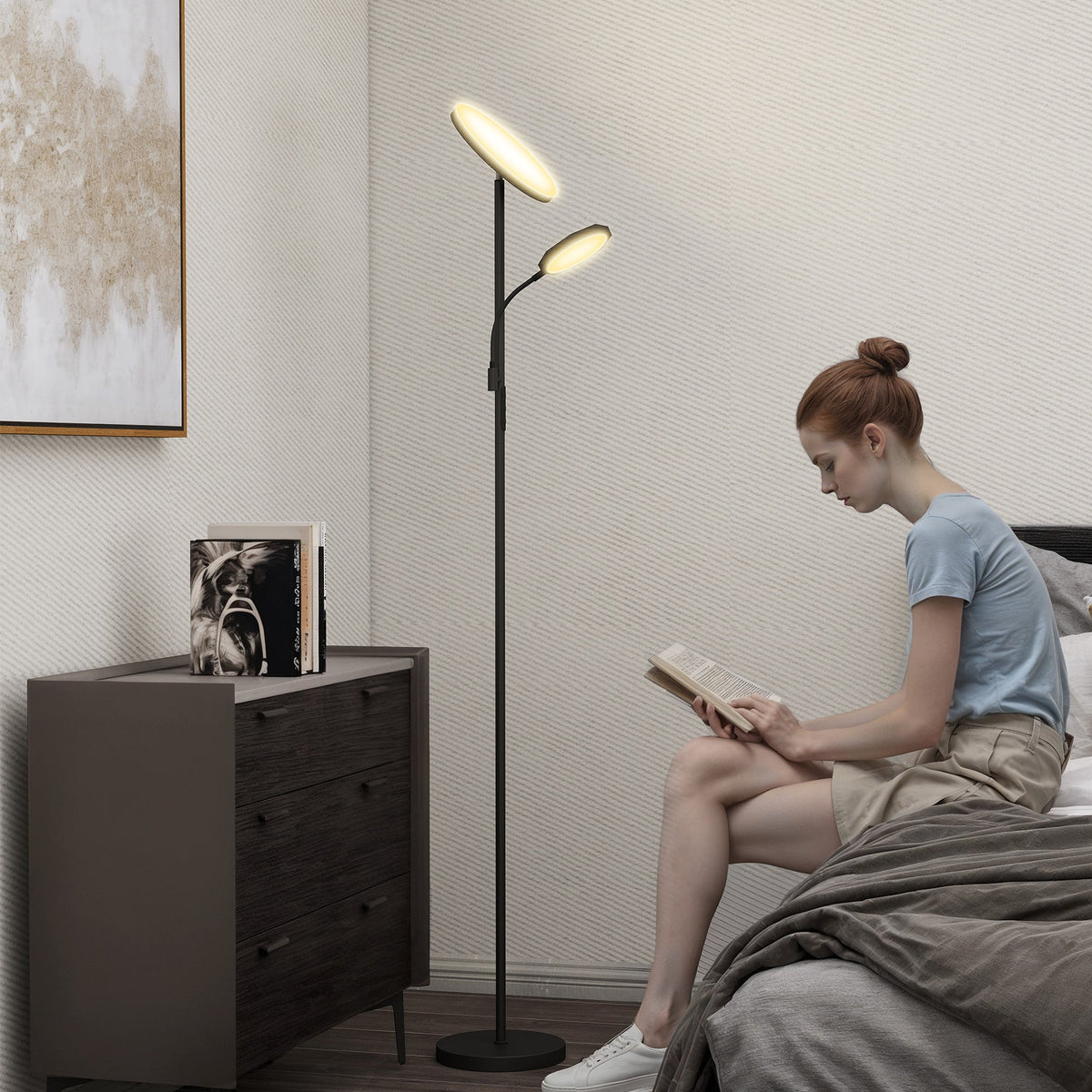 Modern black homcom floor lamp with two glowing heads featuring stepless dimmable brightness and adjustable colour temperature scene modes