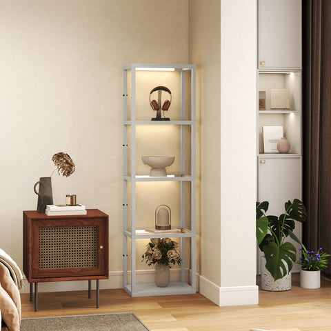 White metal floor lamp with built-in warm white led lighting and tempered glass shelves displaying decor items