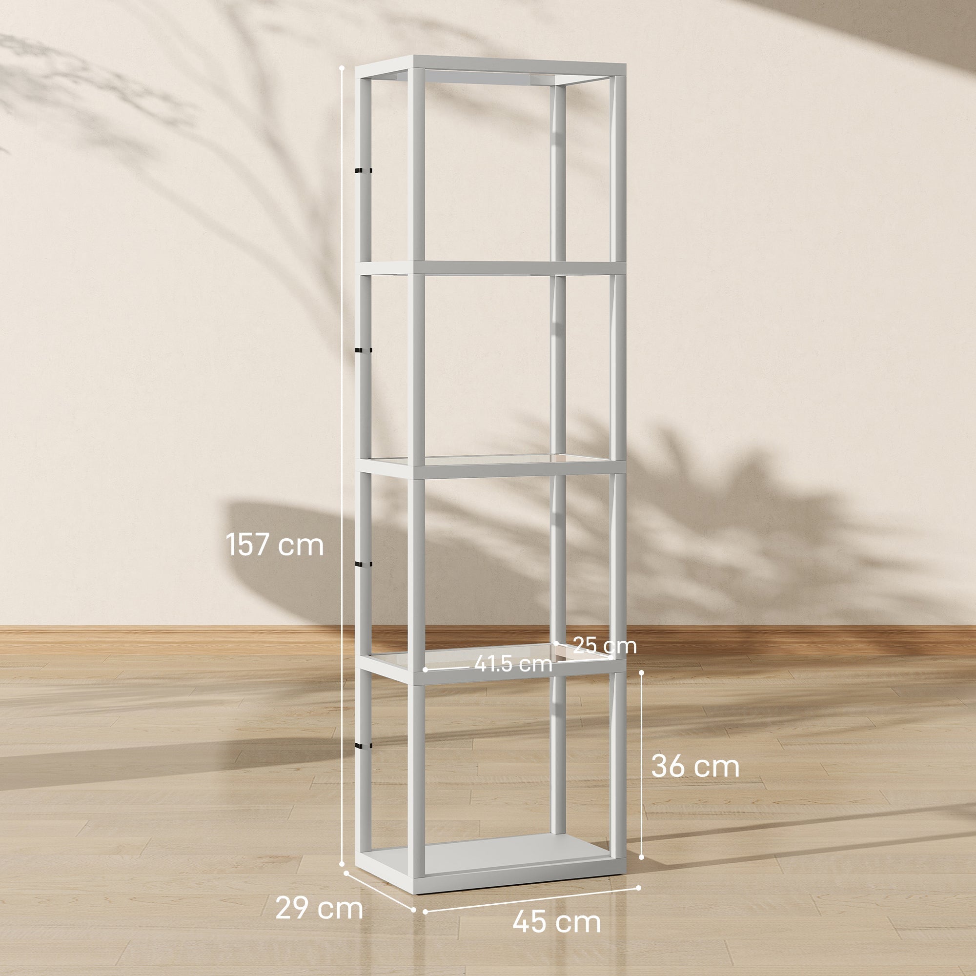 White metal floor lamp with four tempered glass shelves and warm white dimmable light for living room and office use