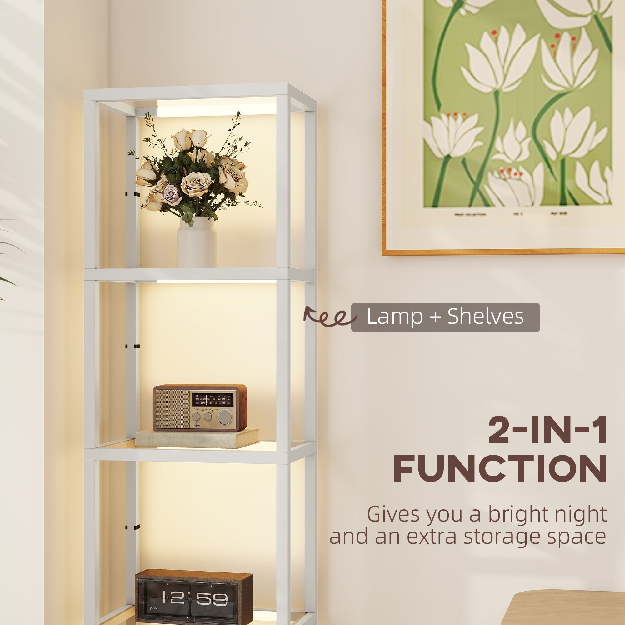 White minimalist homcom floor lamp with warm white led, tempered glass shelves, and open cubby storage in grey