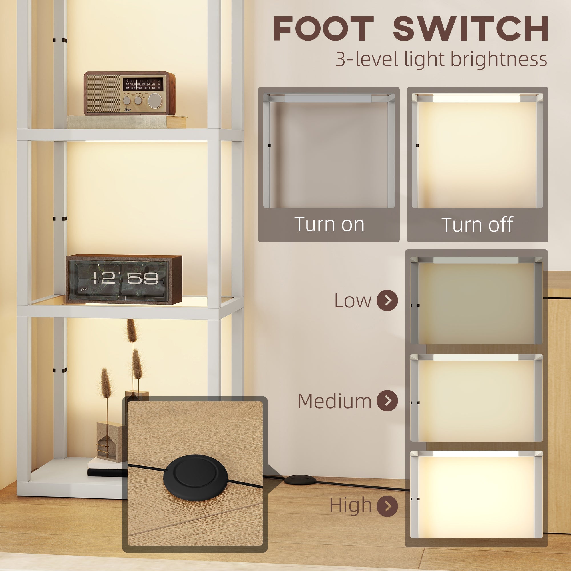 Sleek minimalist foot switch with black button on wood grain for homcom grey floor lamp with tempered glass shelves