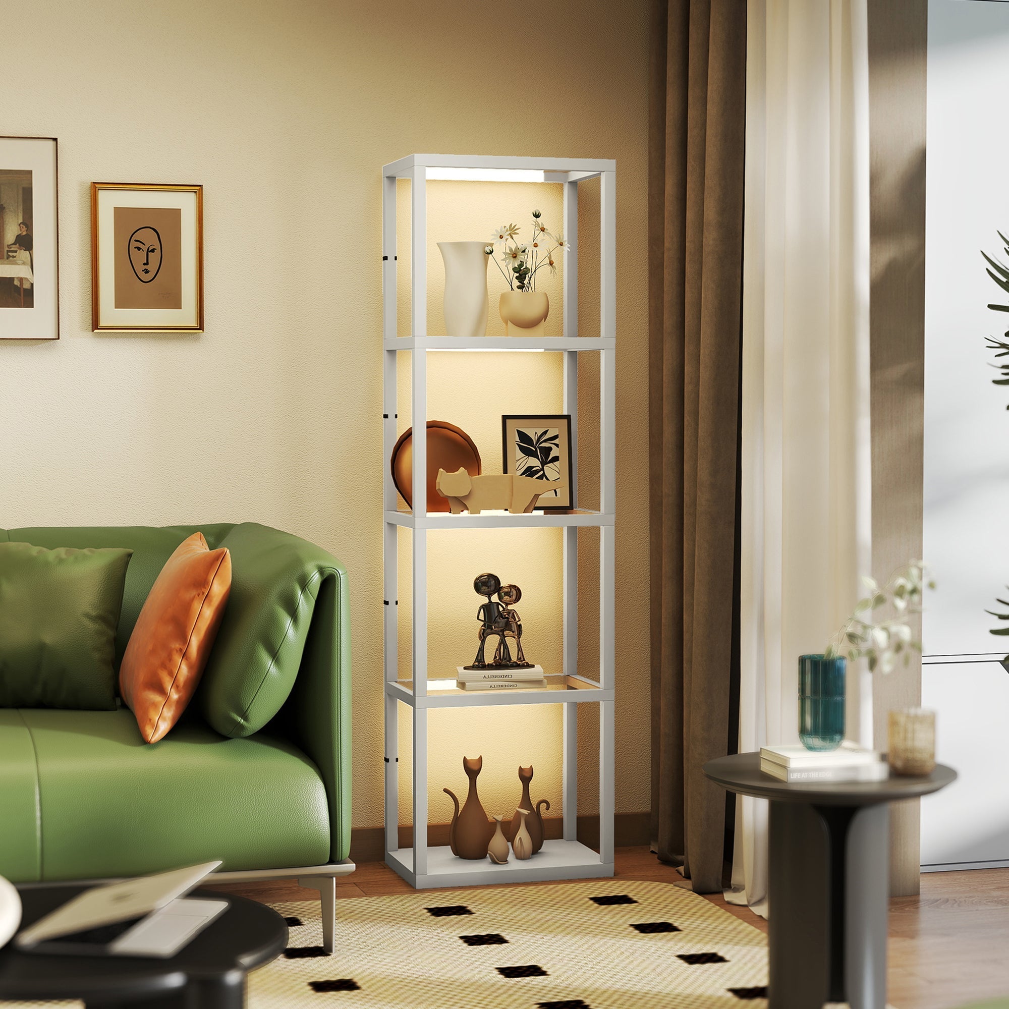 Grey white metal floor lamp with built-in warm white led lighting and tempered glass shelves holding decor items
