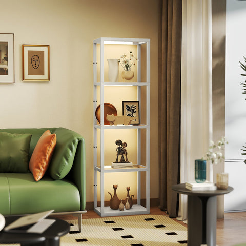 Grey white metal floor lamp with built-in warm white led lighting and tempered glass shelves holding decor items