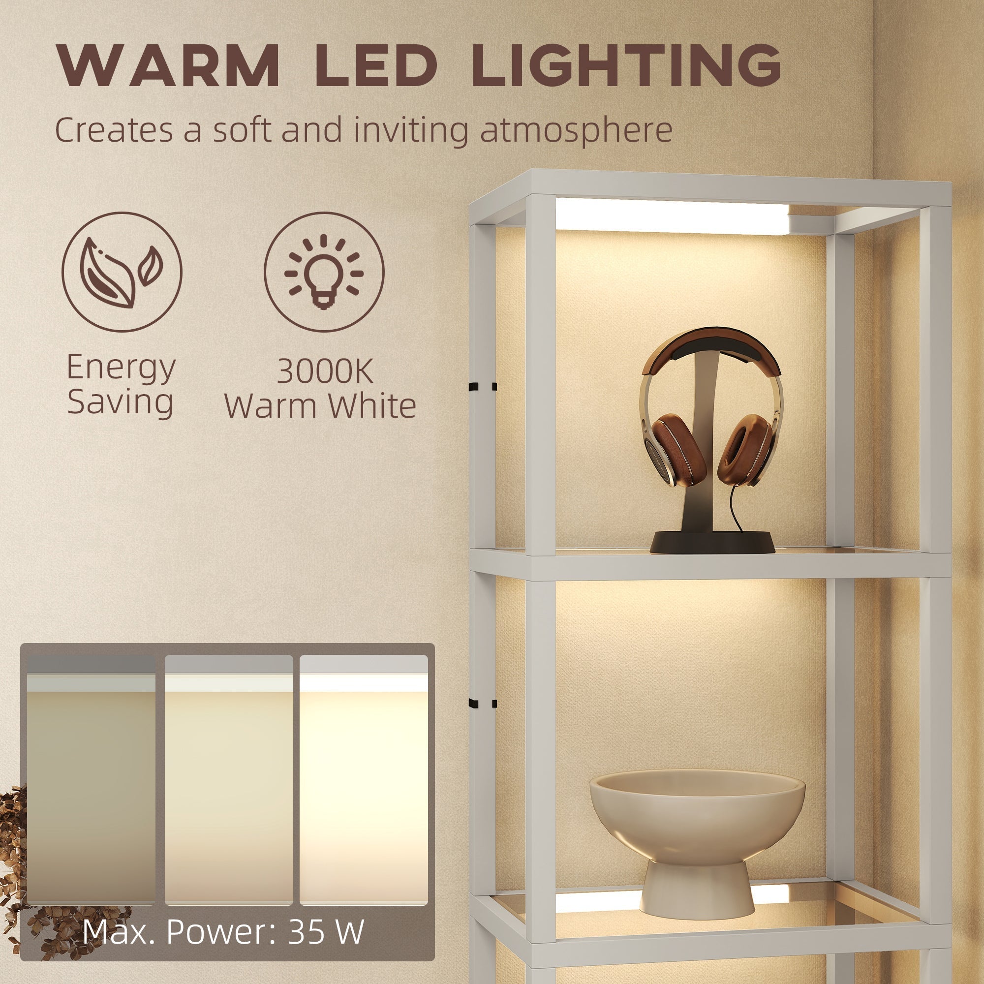 Homcom floor lamp with warm white led strip lighting and tempered glass shelves for cozy living room ambiance