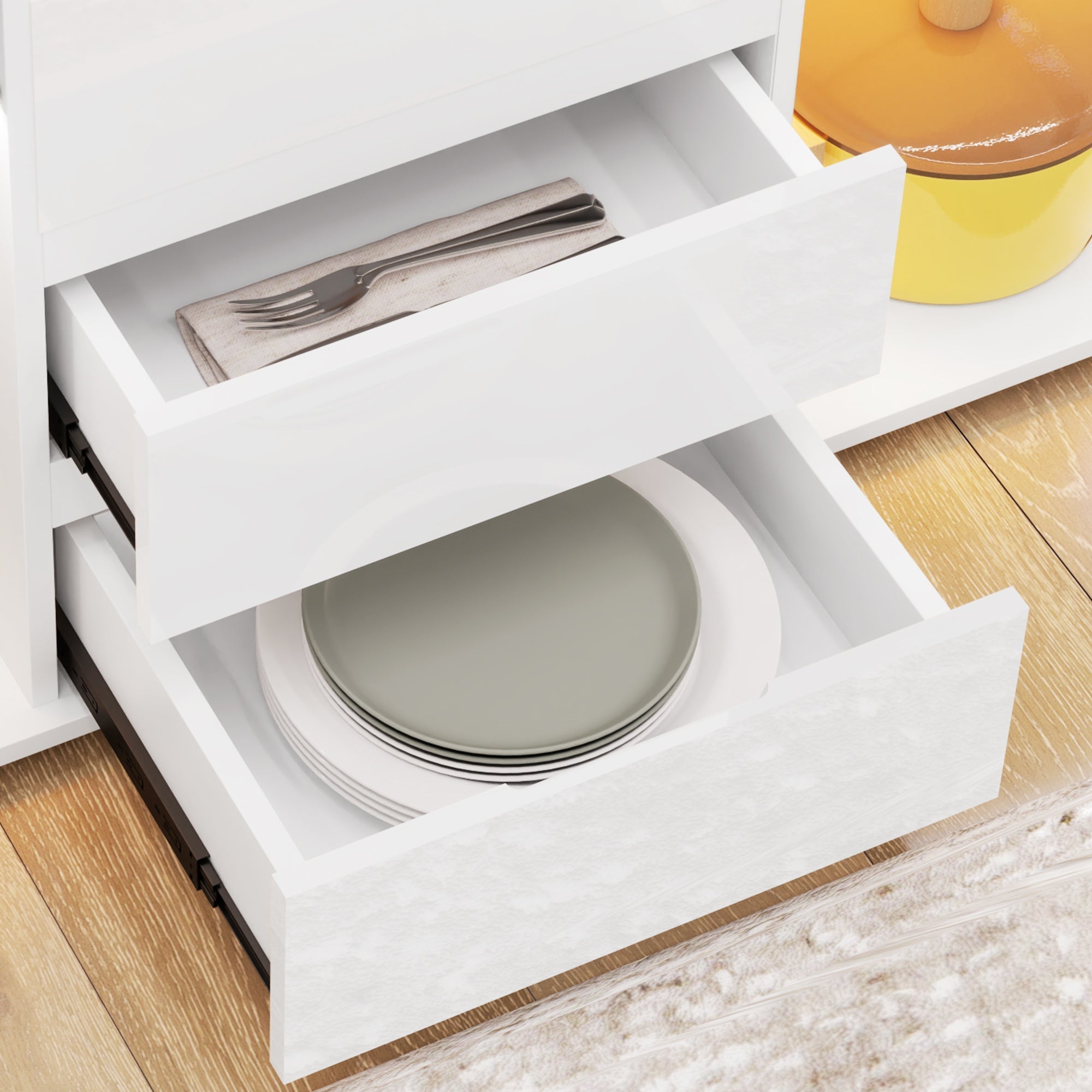 White high gloss kitchen drawer unit from homcom sideboard with led light and included remote showing open drawers with plates and silverware