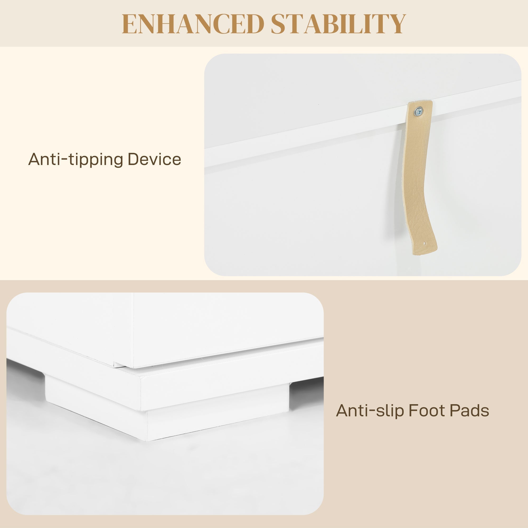 White rectangular high gloss sideboard with led light four drawers beige anti tipping device and anti slip pads