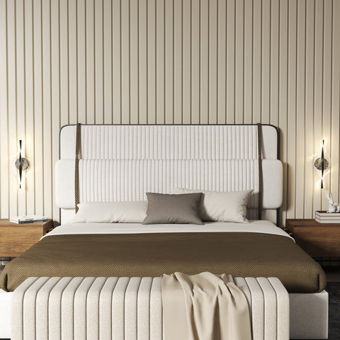 Cream upholstered bed with tufted ribbed headboard and bench paired with homcom 3000k 4000k 6500k black wall lights for living room
