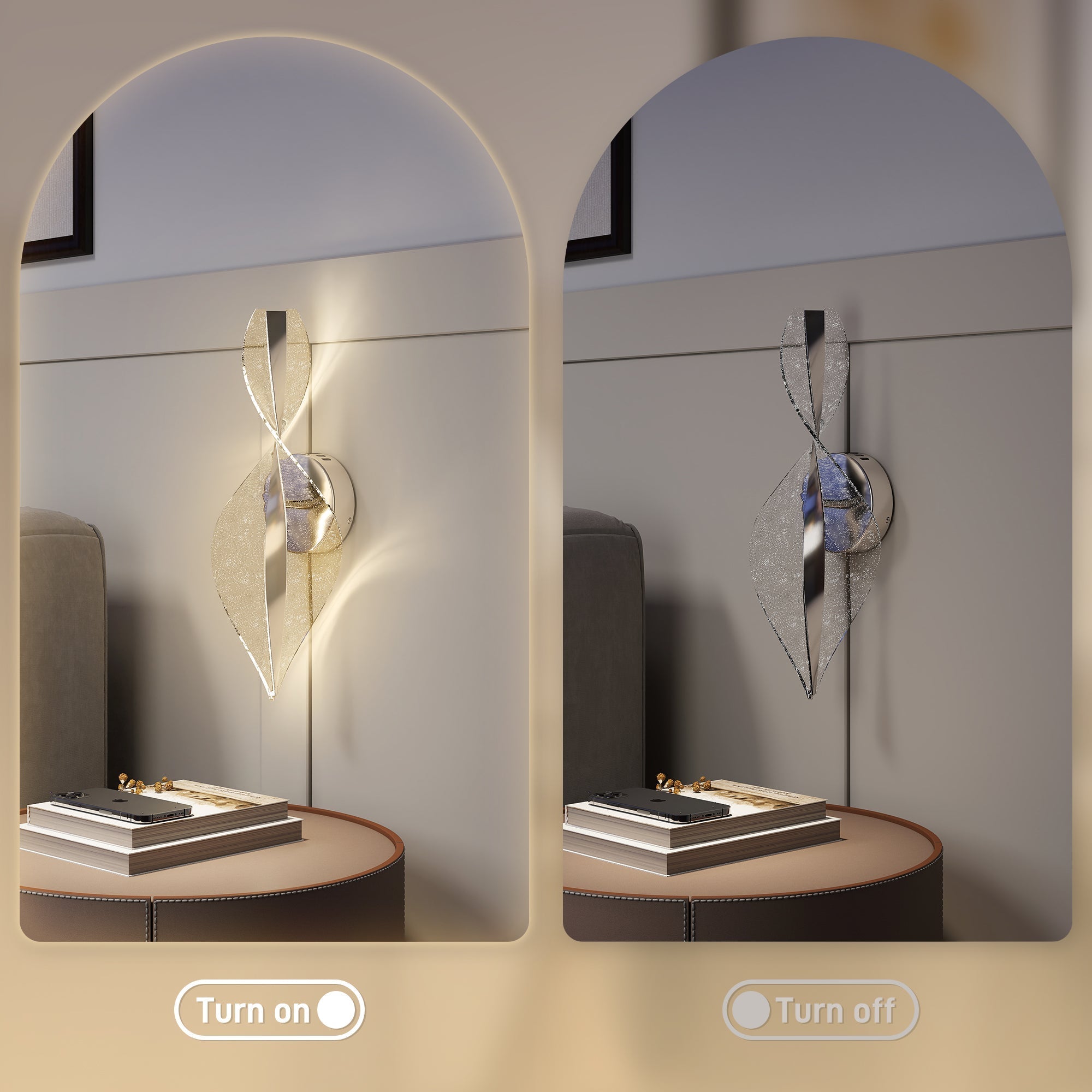 Modern silver tone wall lights with twisted glass design and adjustable 3000k 4000k 6500k for living room ambiance