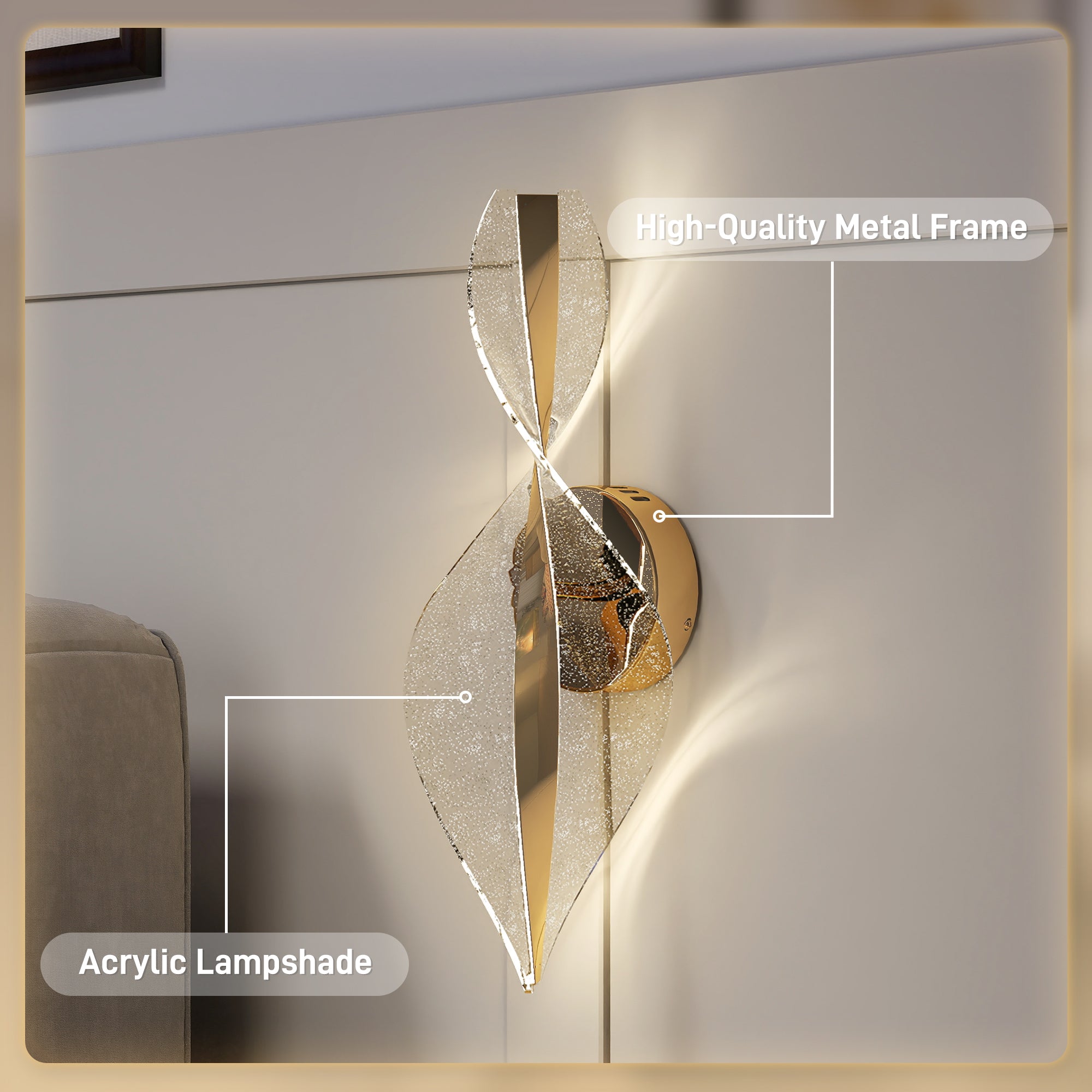 Modern gold tone led wall lights with twisted acrylic lampshade and adjustable 3000k 4000k 6500k for living room