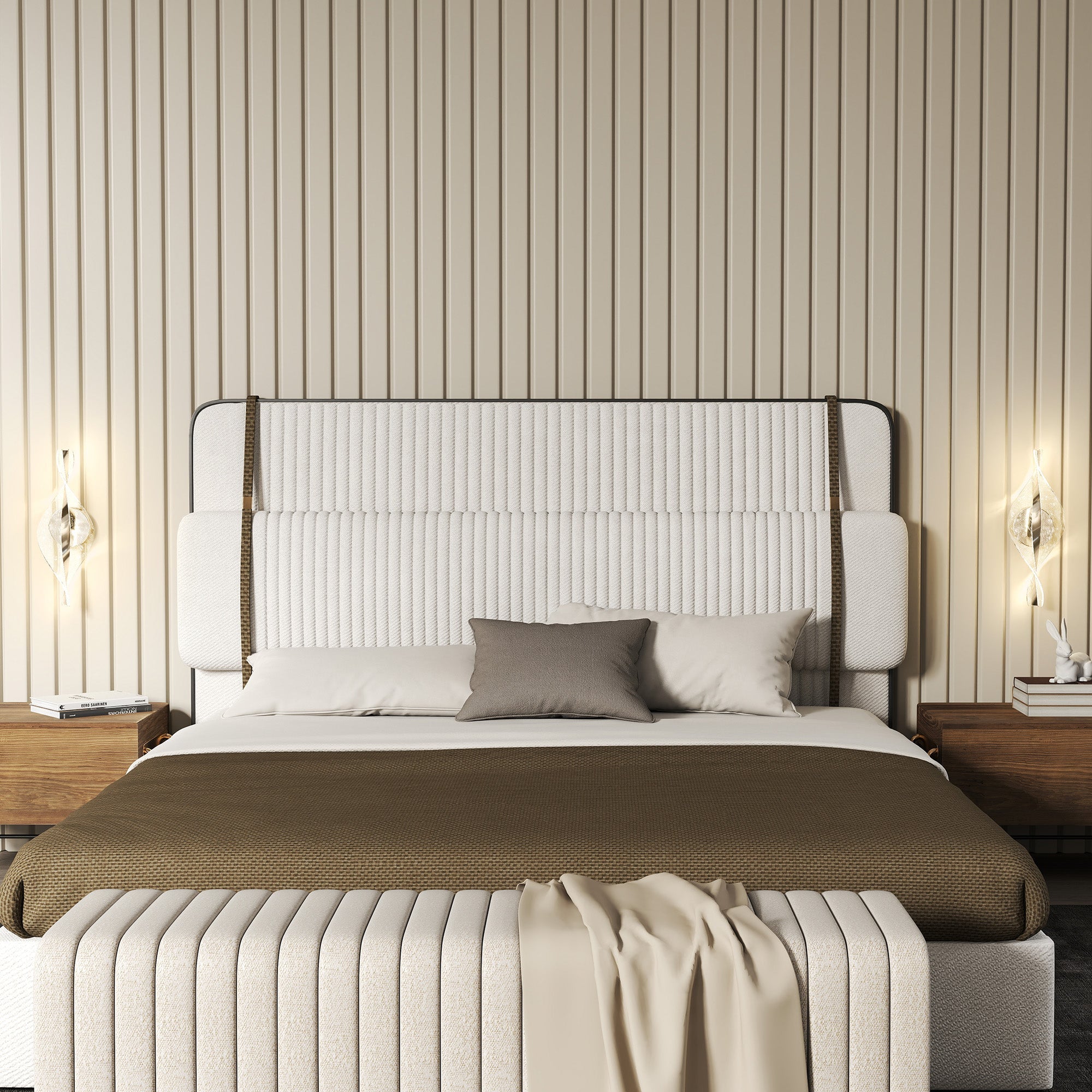Cream-colored upholstered bed with tufted ribbed headboard and matching bench paired with homcom 3000k 4000k 6500k wall lights for living room