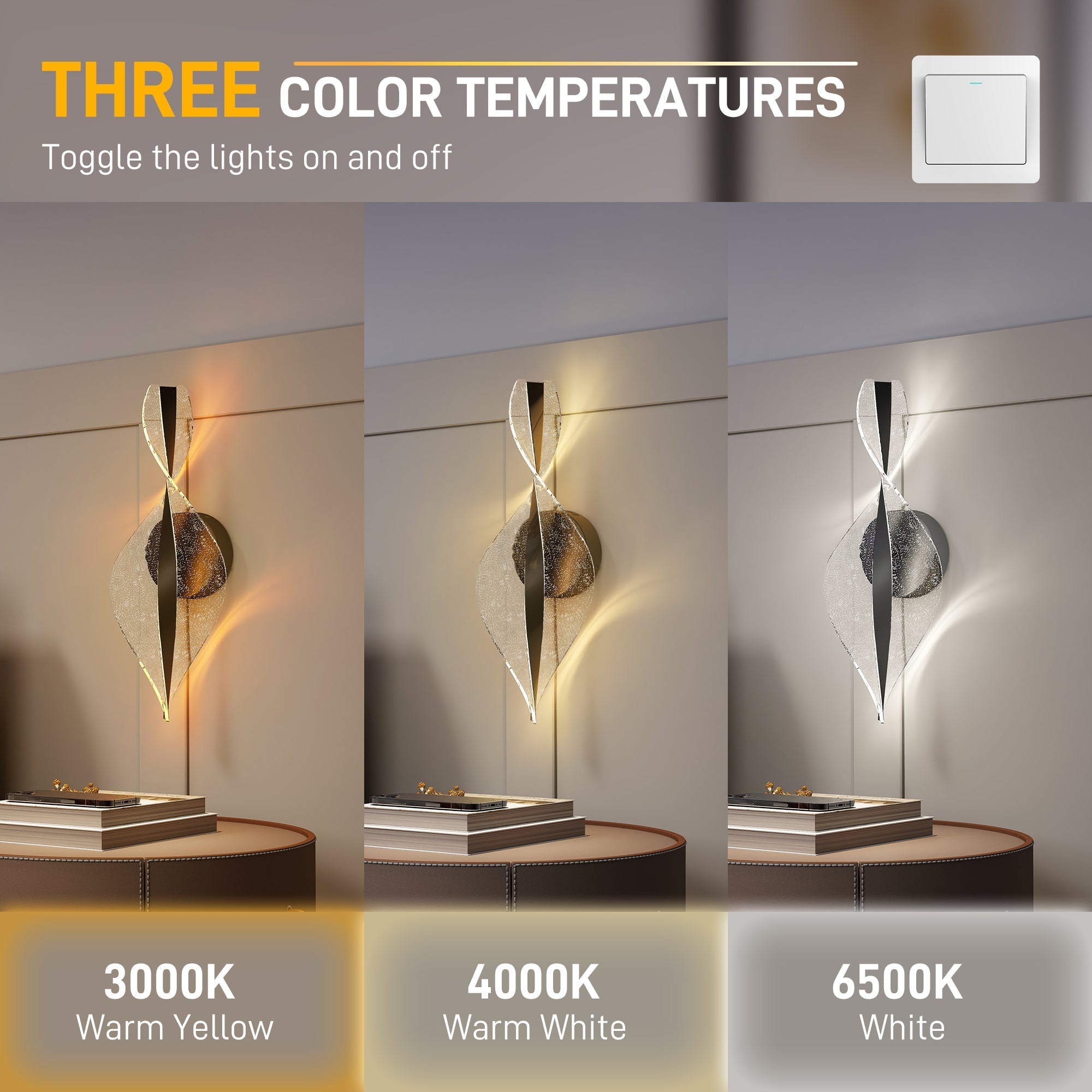 Modern minimalist black wall lights with twisted glass and adjustable 3000k 4000k 6500k for living room use