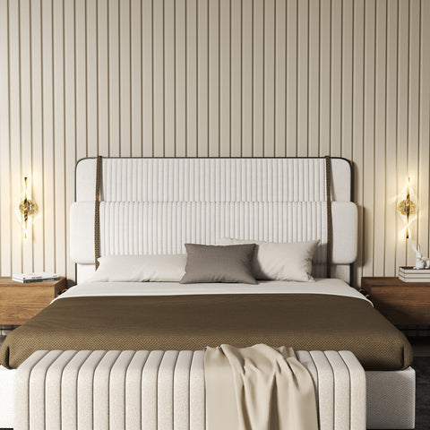 Cream-colored upholstered bed with tufted ribbed headboard and matching bench under gold tone homcom 3000k 4000k 6500k wall lights in living room