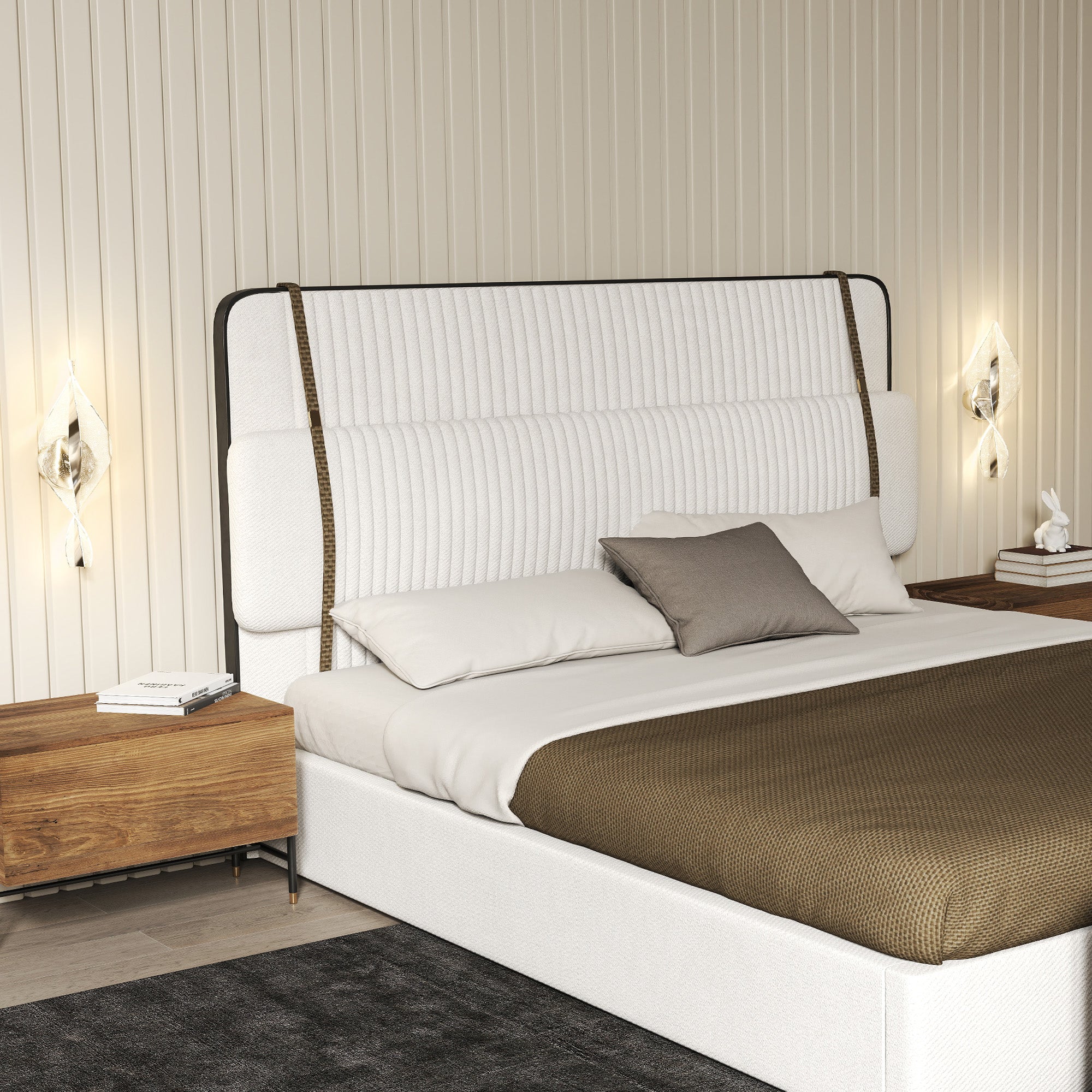 White tufted upholstered bed with black metal frame and woven straps shown with homcom 3000k 4000k 6500k wall lights for living room