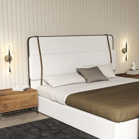 White upholstered bed with tufted headboard and black metal frame next to homcom led wall lights 3000k 4000k 6500k for living room